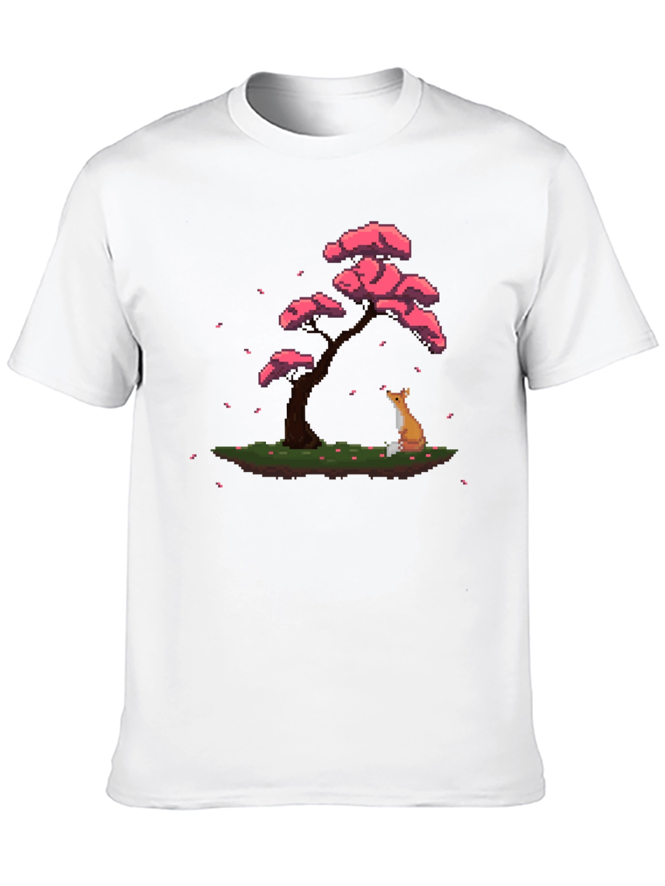 Pixel Art Fox & Sakura Tree Black T-Shirt