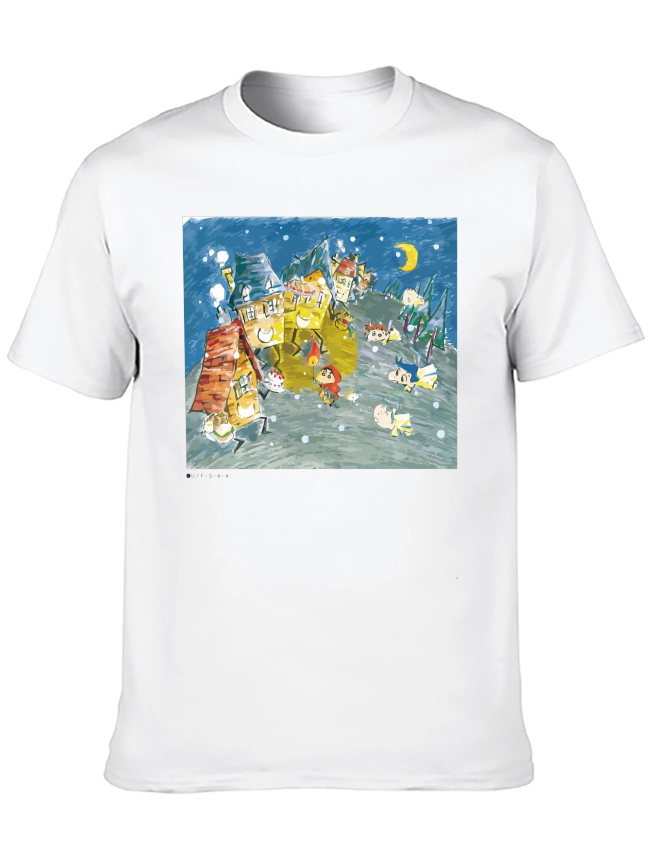 Whimsical Winter Village Graphic Tee - Black Cotton Blend