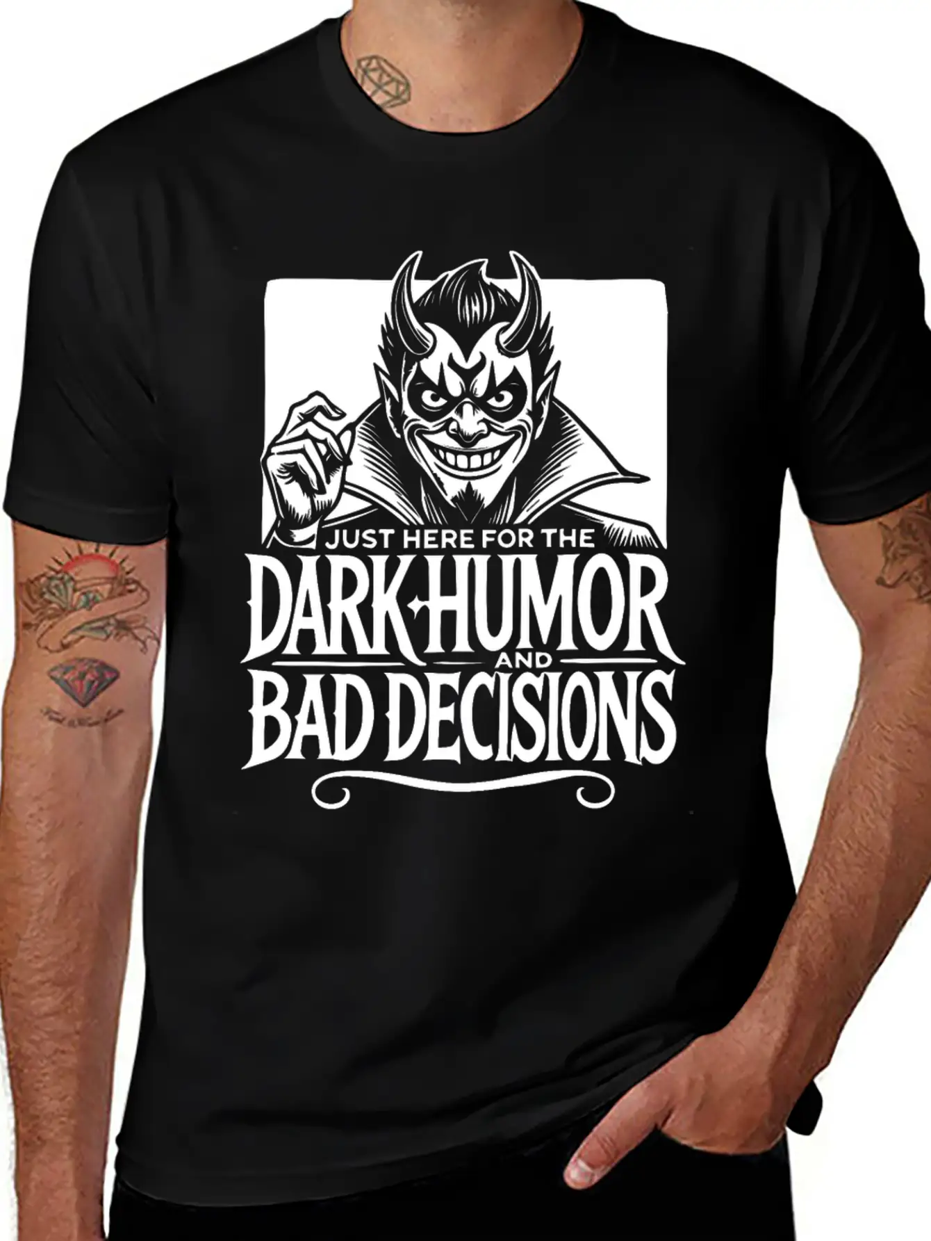 Dark Humor And Bad Decisions Edgy Devil Design Relaxed Everyday Tee – Lightweight And Durable Cotton