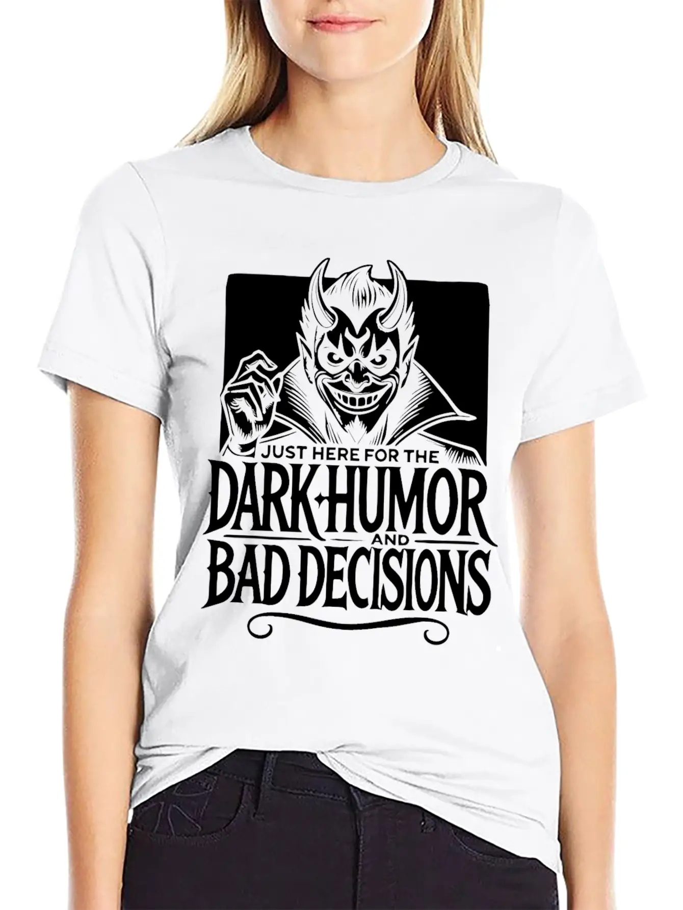 Dark Humor And Bad Decisions Edgy Devil Design Relaxed Everyday Tee – Lightweight And Durable Cotton