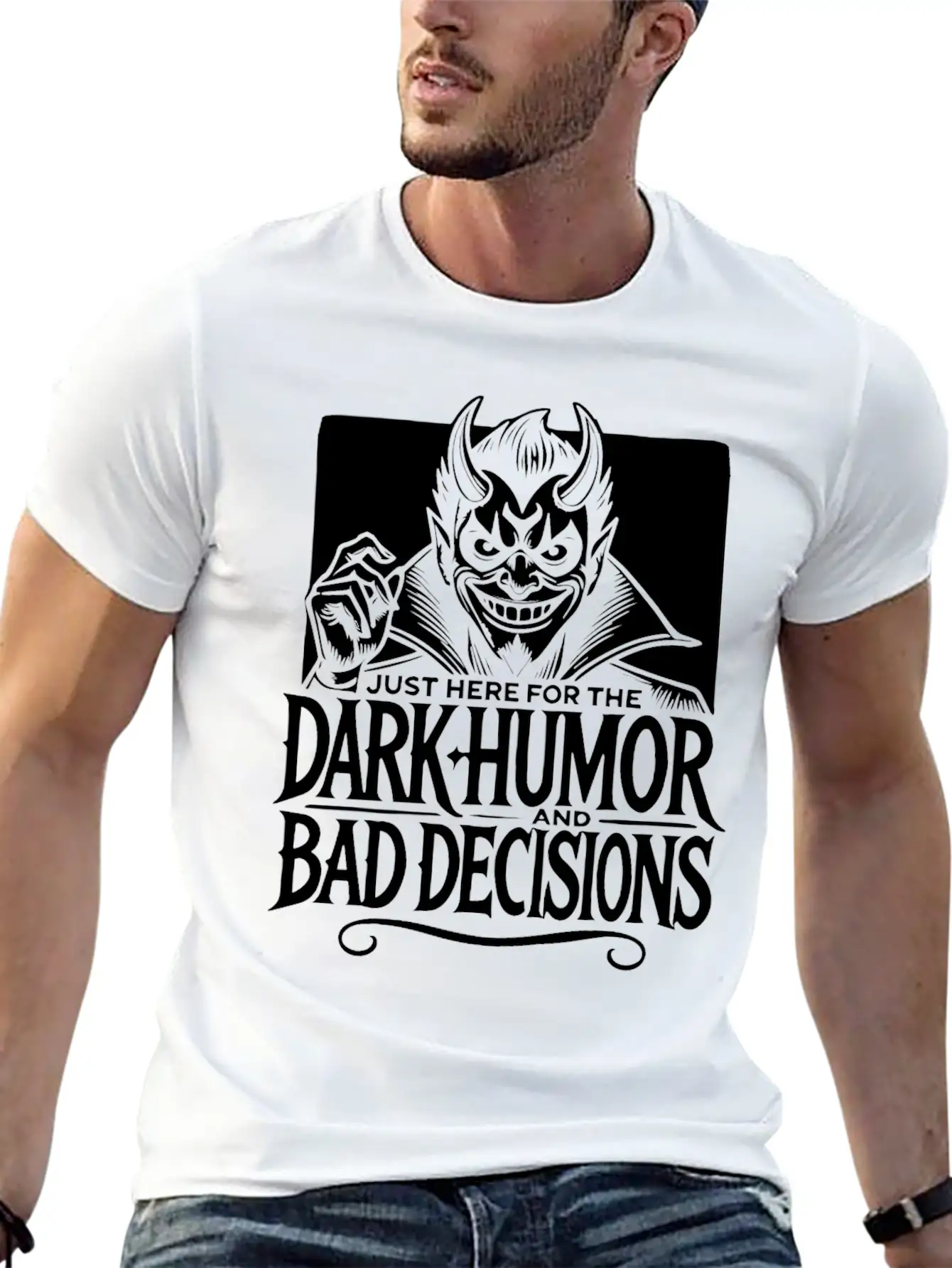 Dark Humor And Bad Decisions Edgy Devil Design Relaxed Everyday Tee – Lightweight And Durable Cotton