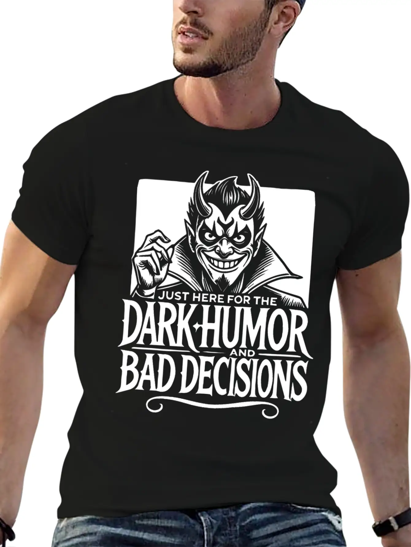 Dark Humor And Bad Decisions Edgy Devil Design Relaxed Everyday Tee – Lightweight And Durable Cotton