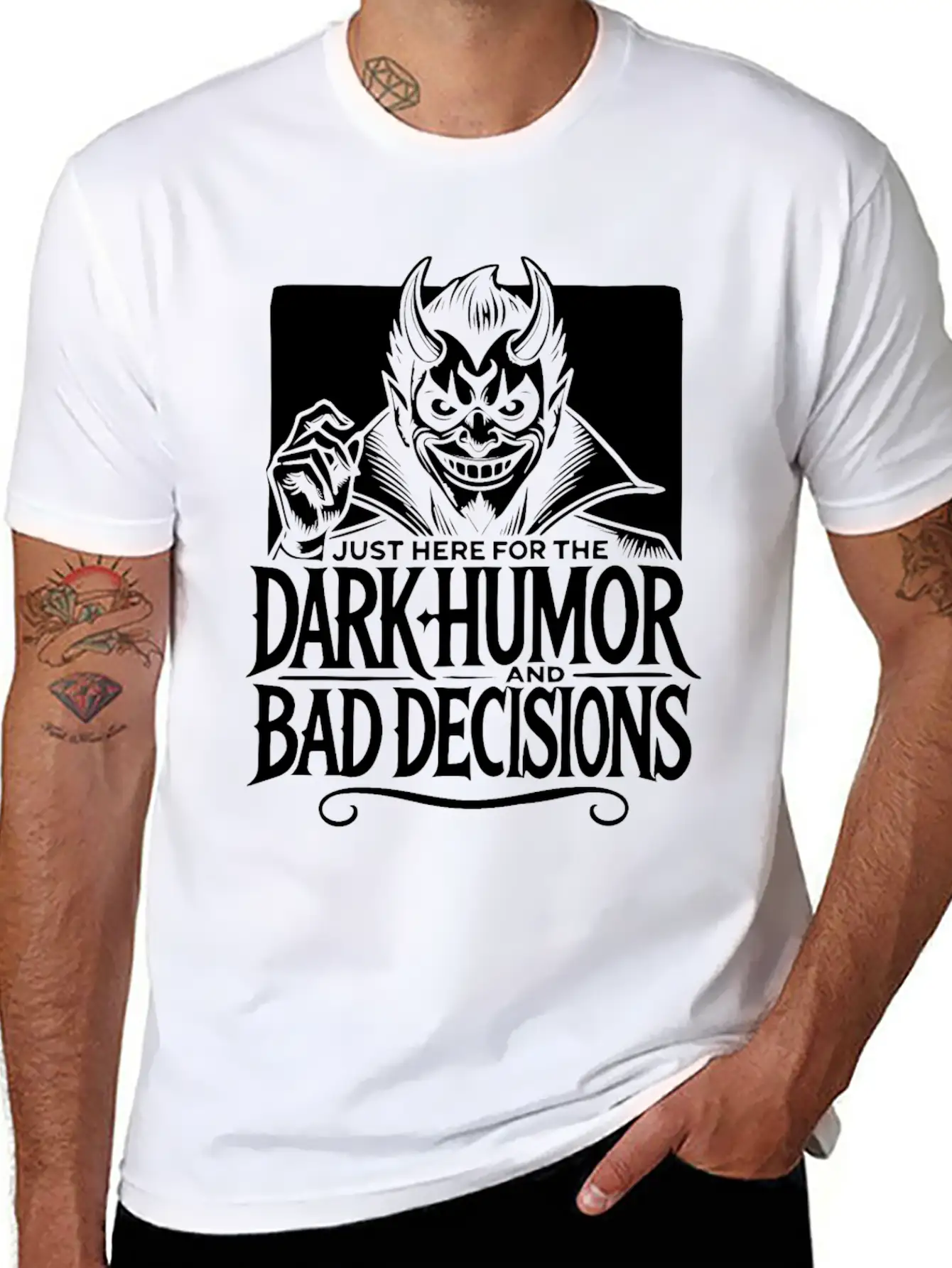 Dark Humor And Bad Decisions Edgy Devil Design Relaxed Everyday Tee – Lightweight And Durable Cotton