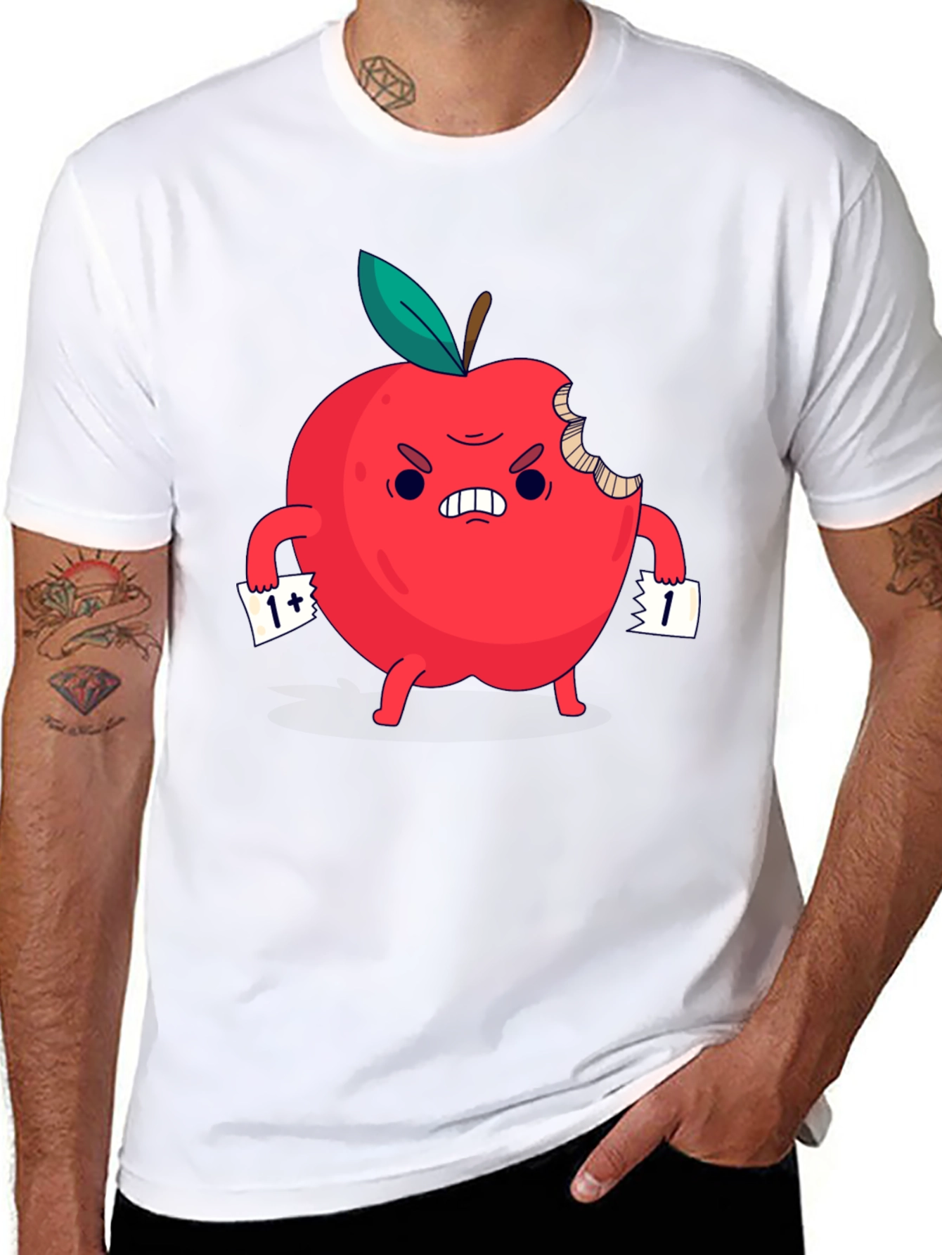 Angry Bitten Apple Cartoon Graphic T-Shirt