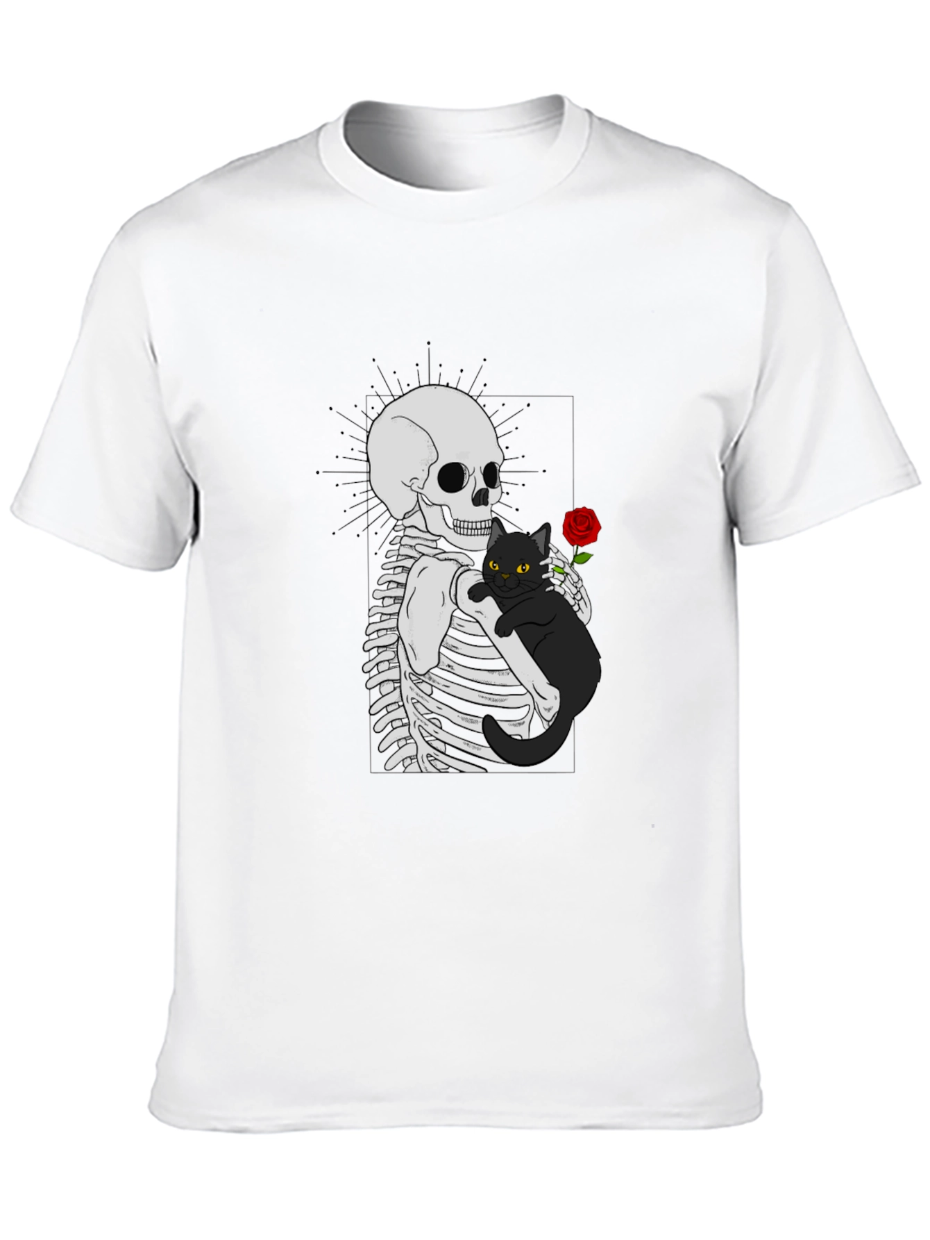 Skeleton & Cat Graphic T-Shirt - Gothic Style