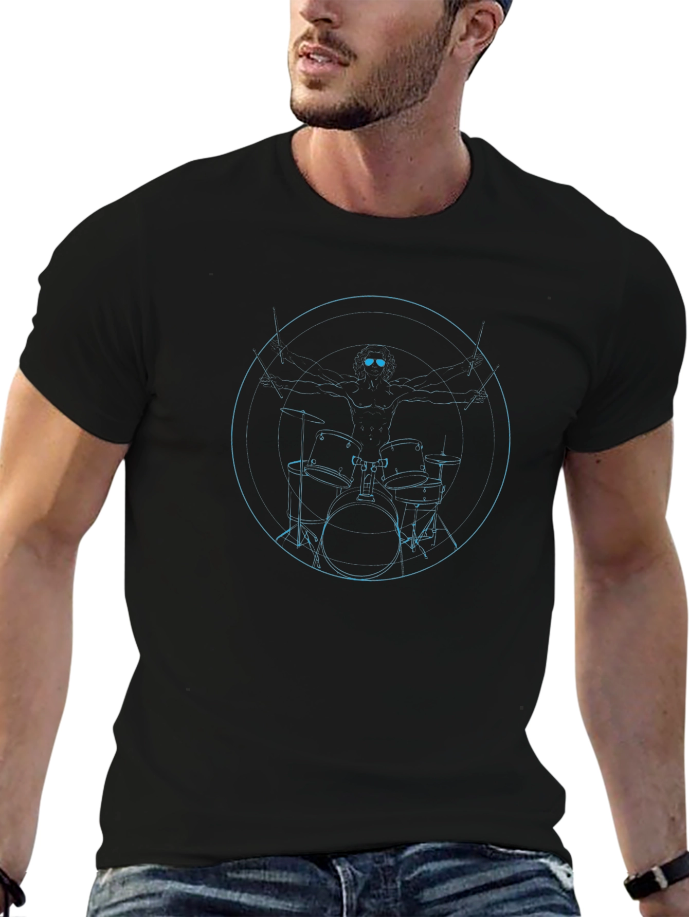 Drummer Vitruvian Man Graphic T-Shirt - Black