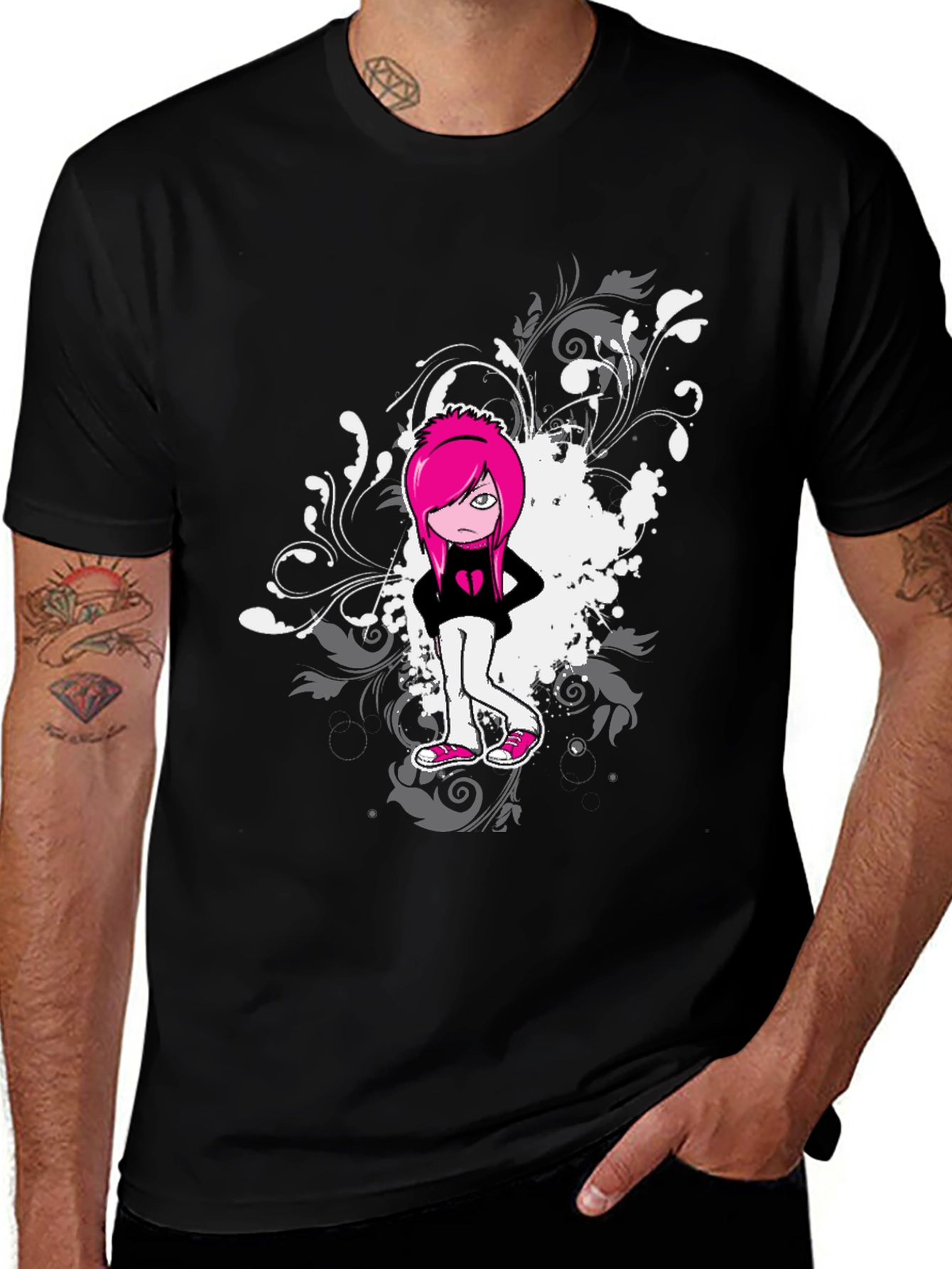 Emo Girl Graphic Print Black T-Shirt