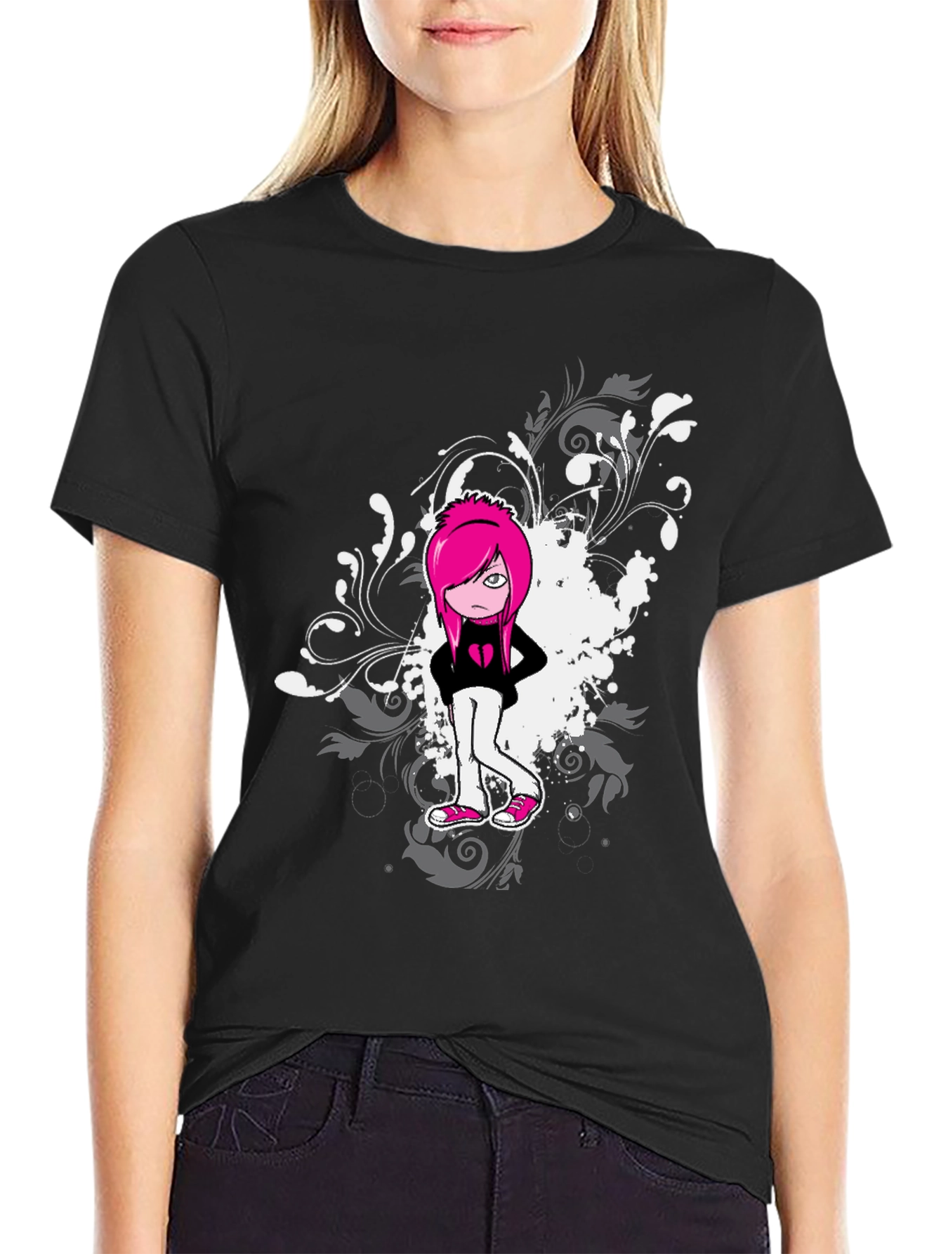 Emo Girl Graphic Print Black T-Shirt