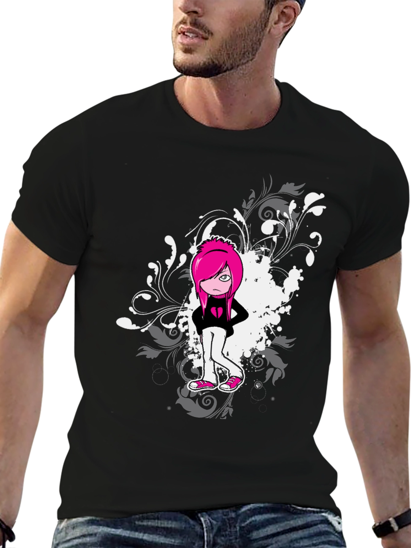 Emo Girl Graphic Print Black T-Shirt