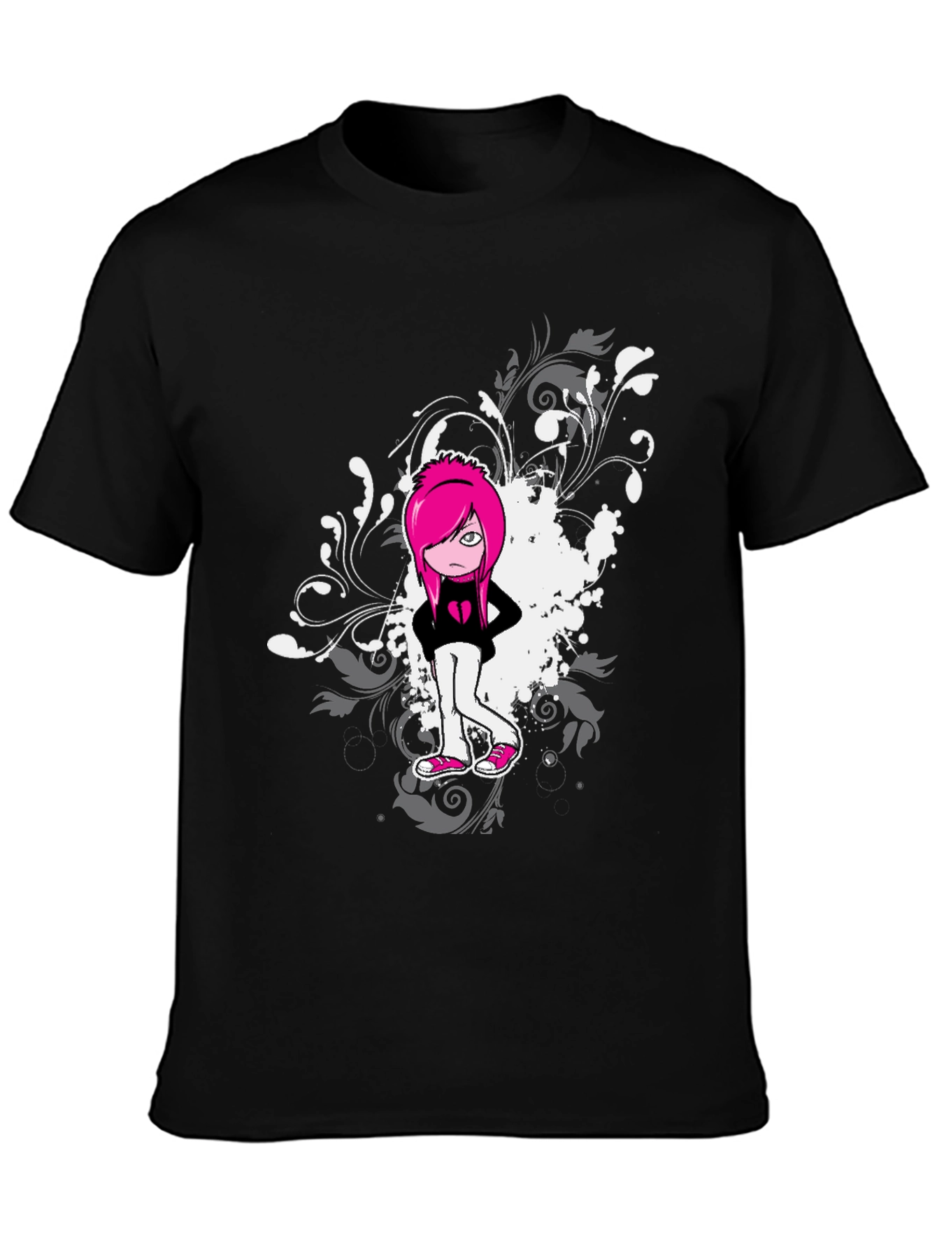 Emo Girl Graphic Print Black T-Shirt