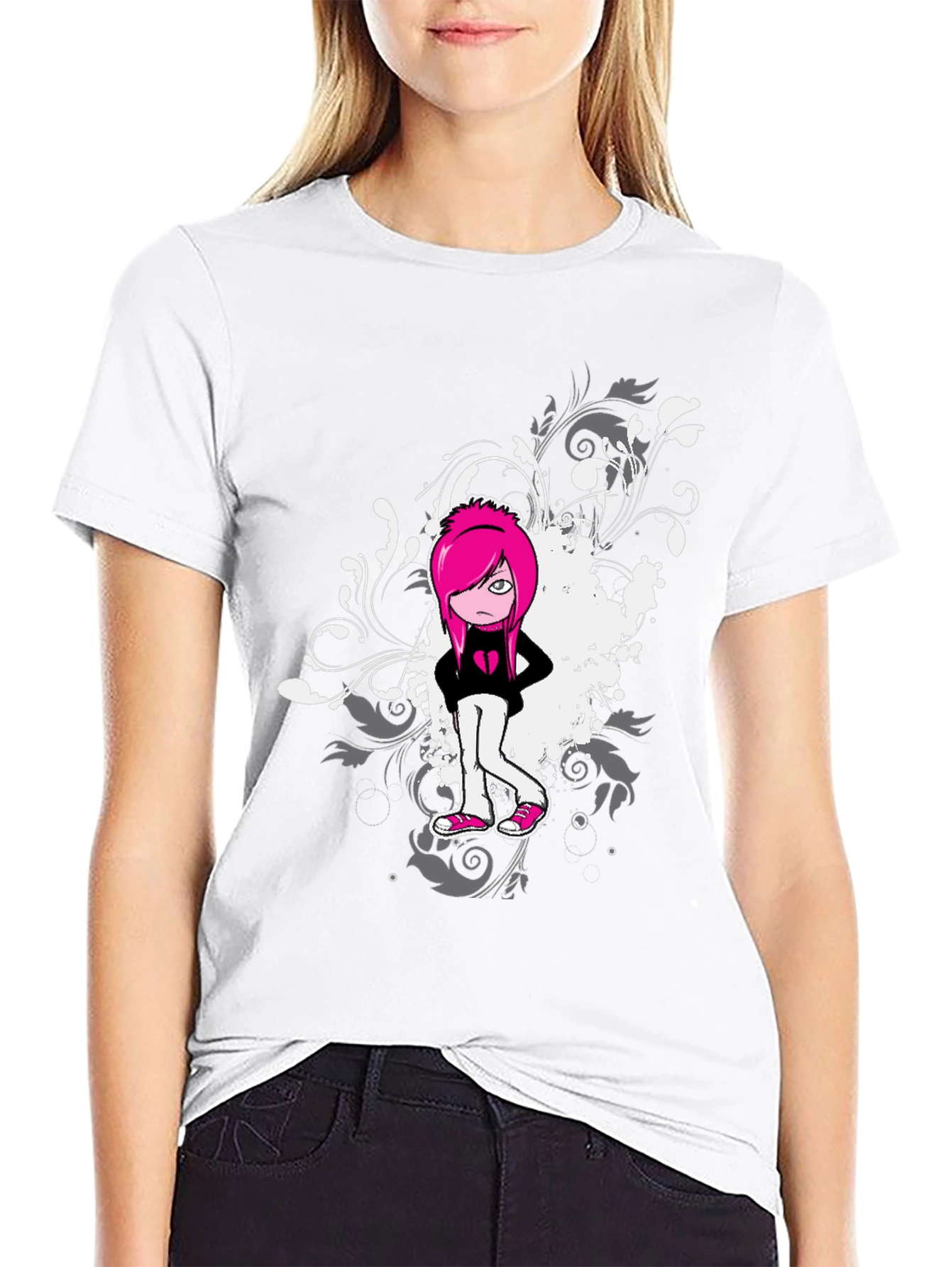 Emo Girl Graphic Print Black T-Shirt