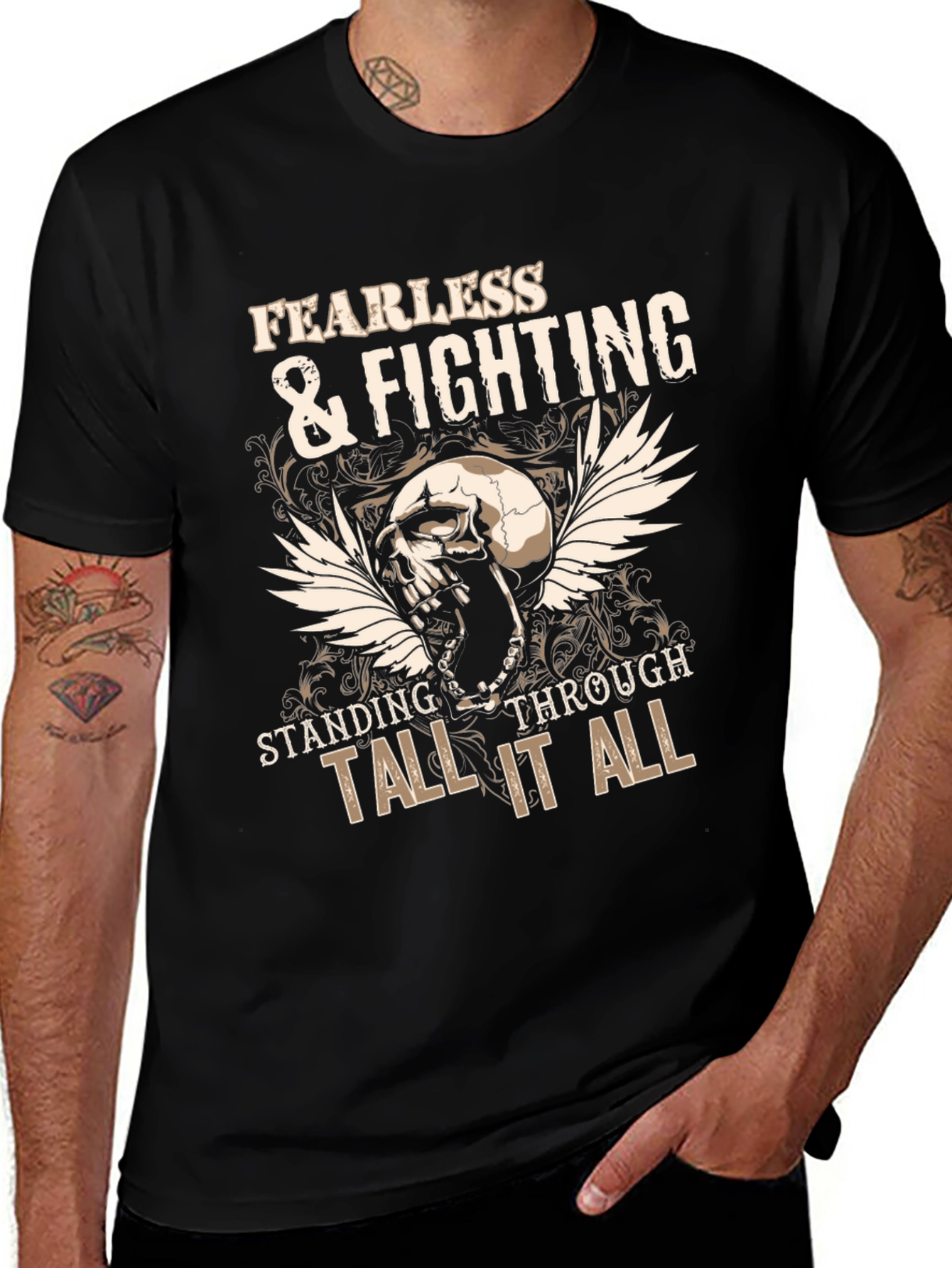 Fearless & Fighting Skull Graphic Tee - Black