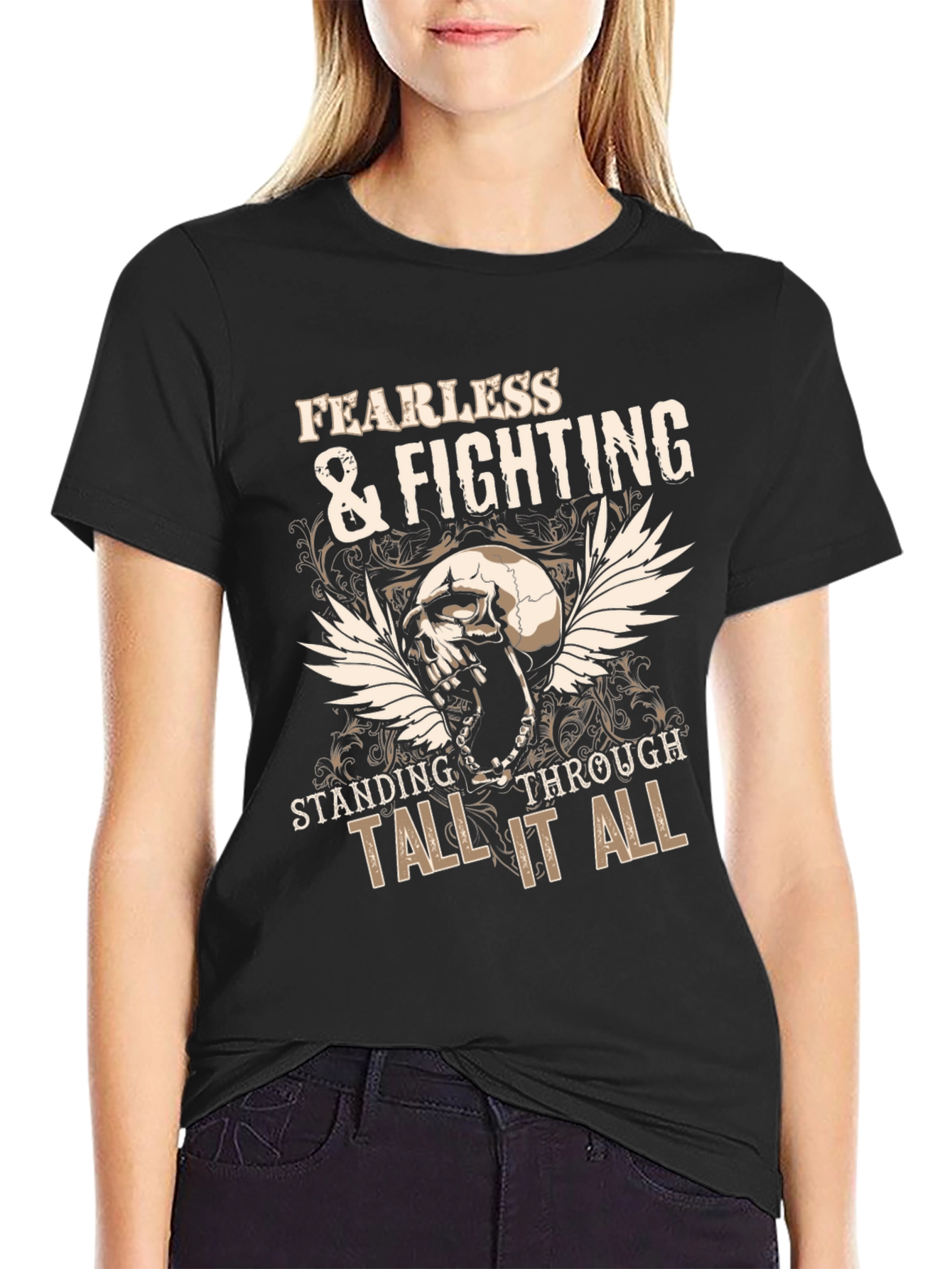 Fearless & Fighting Skull Graphic Tee - Black
