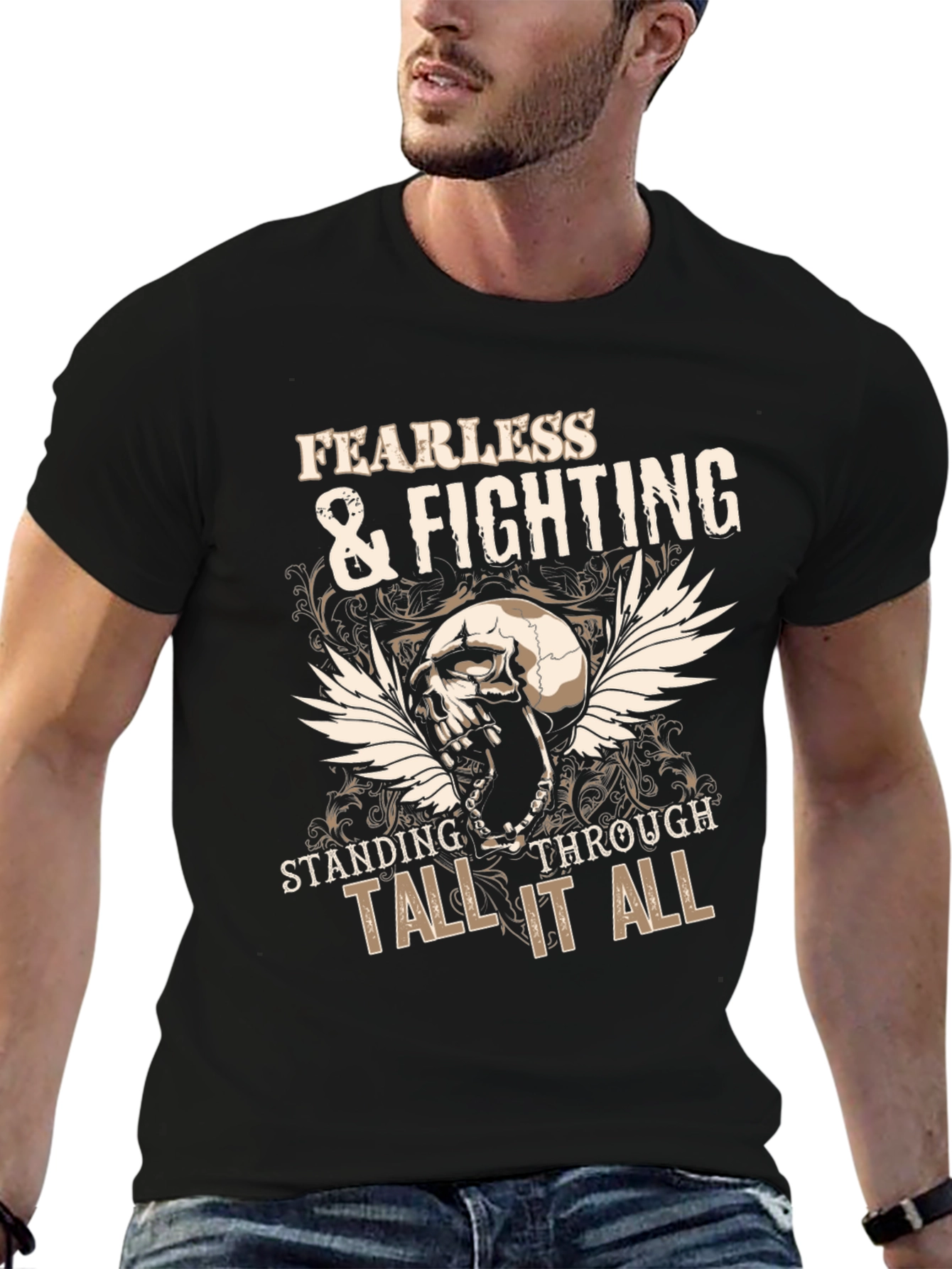 Fearless & Fighting Skull Graphic Tee - Black