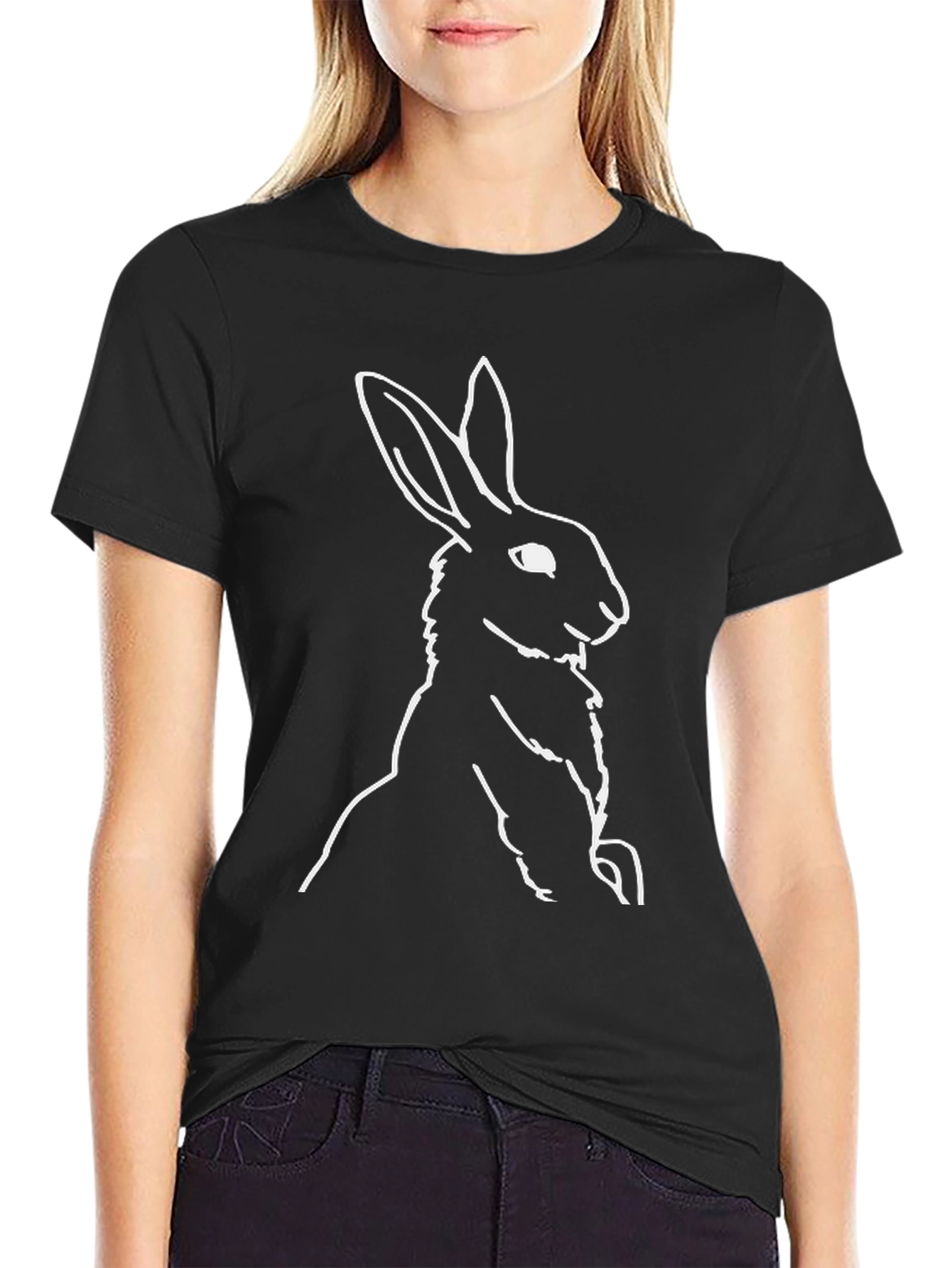 Rabbit Outline Black T-Shirt - Minimalist Style