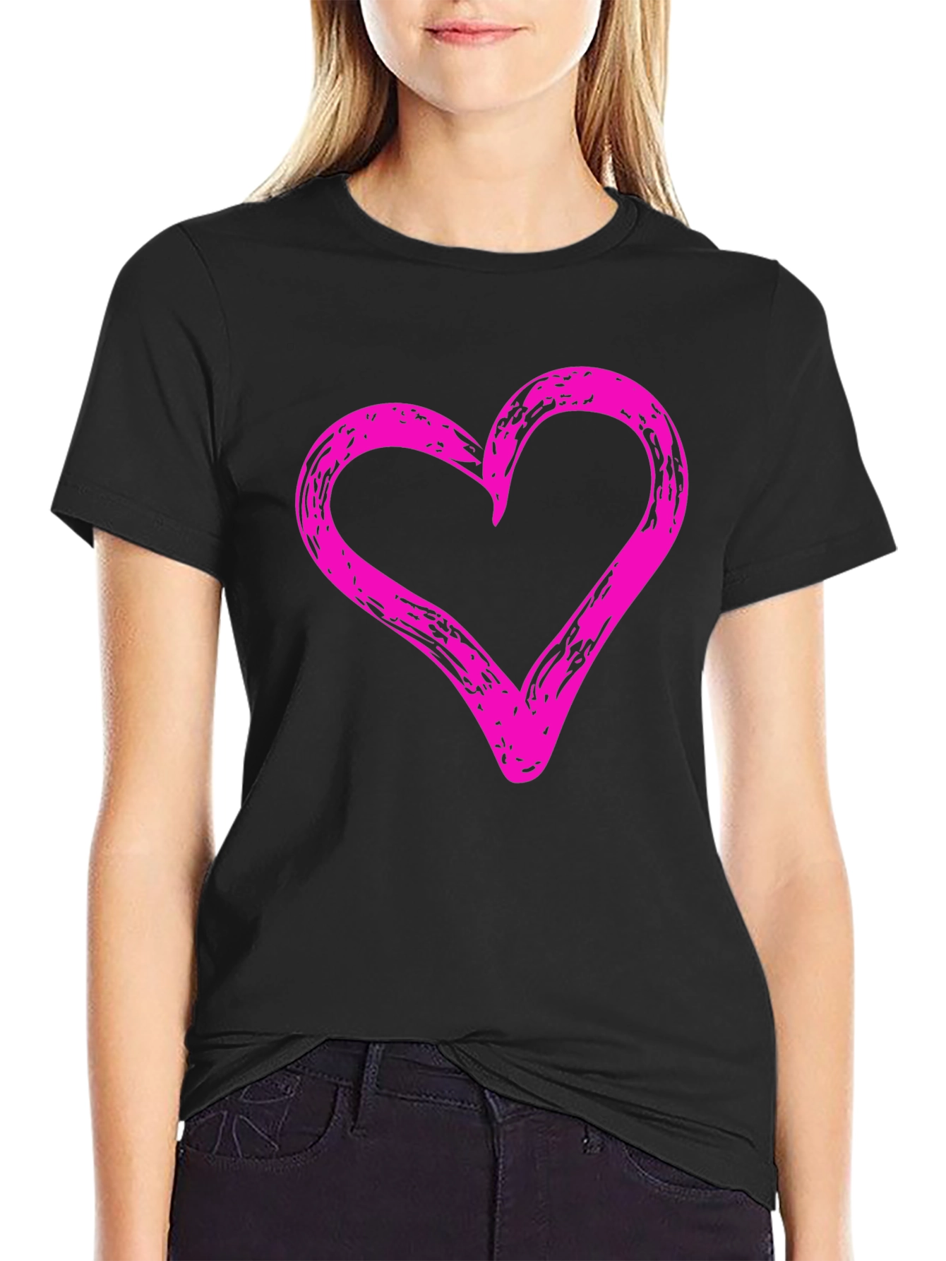 Heart Graphic Black Crew Neck T-Shirt
