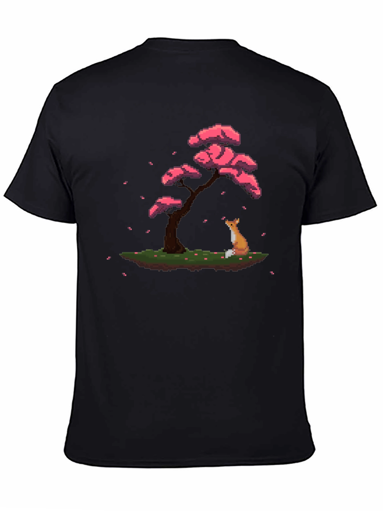 Pixel Art Fox & Sakura Tree Black T-Shirt