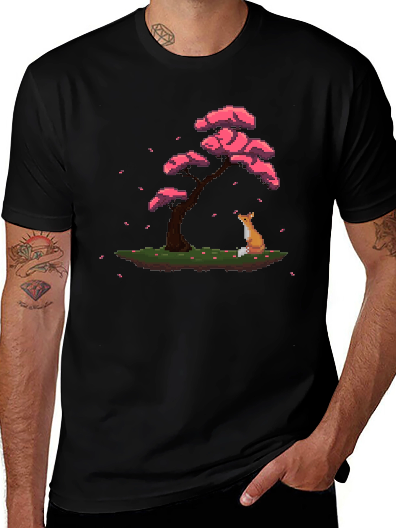 Pixel Art Fox & Sakura Tree Black T-Shirt