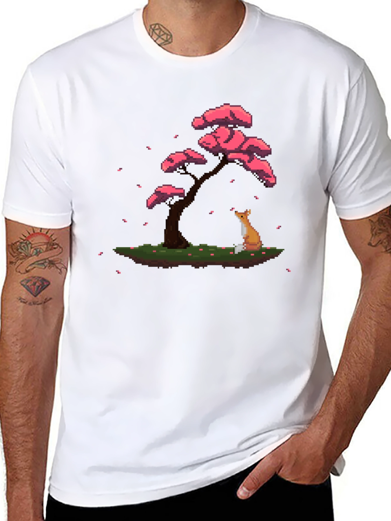 Pixel Art Fox & Sakura Tree Black T-Shirt