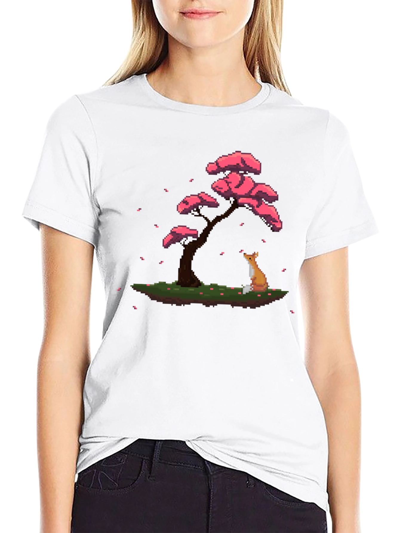 Pixel Art Fox & Sakura Tree Black T-Shirt