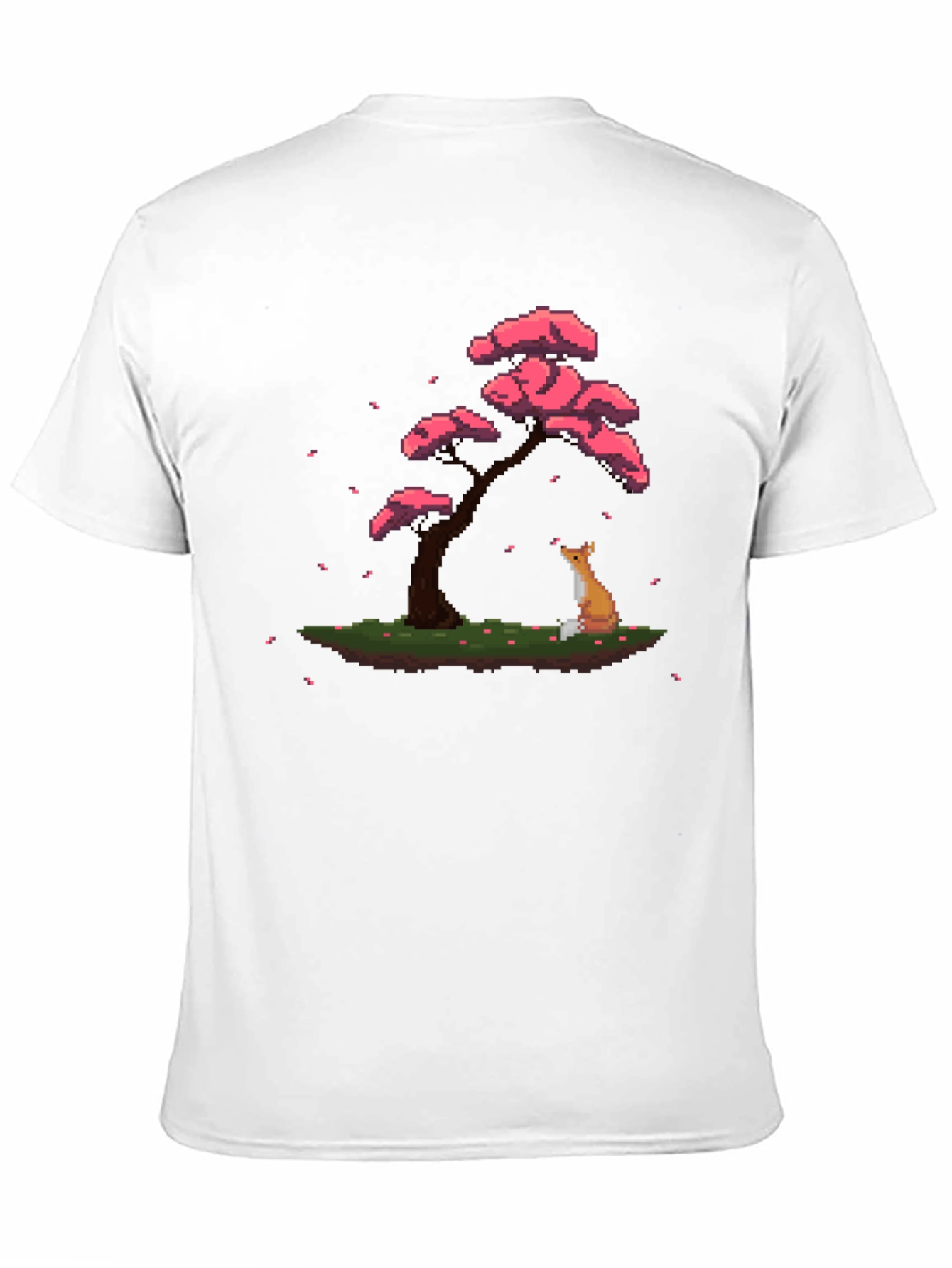 Pixel Art Fox & Sakura Tree Black T-Shirt
