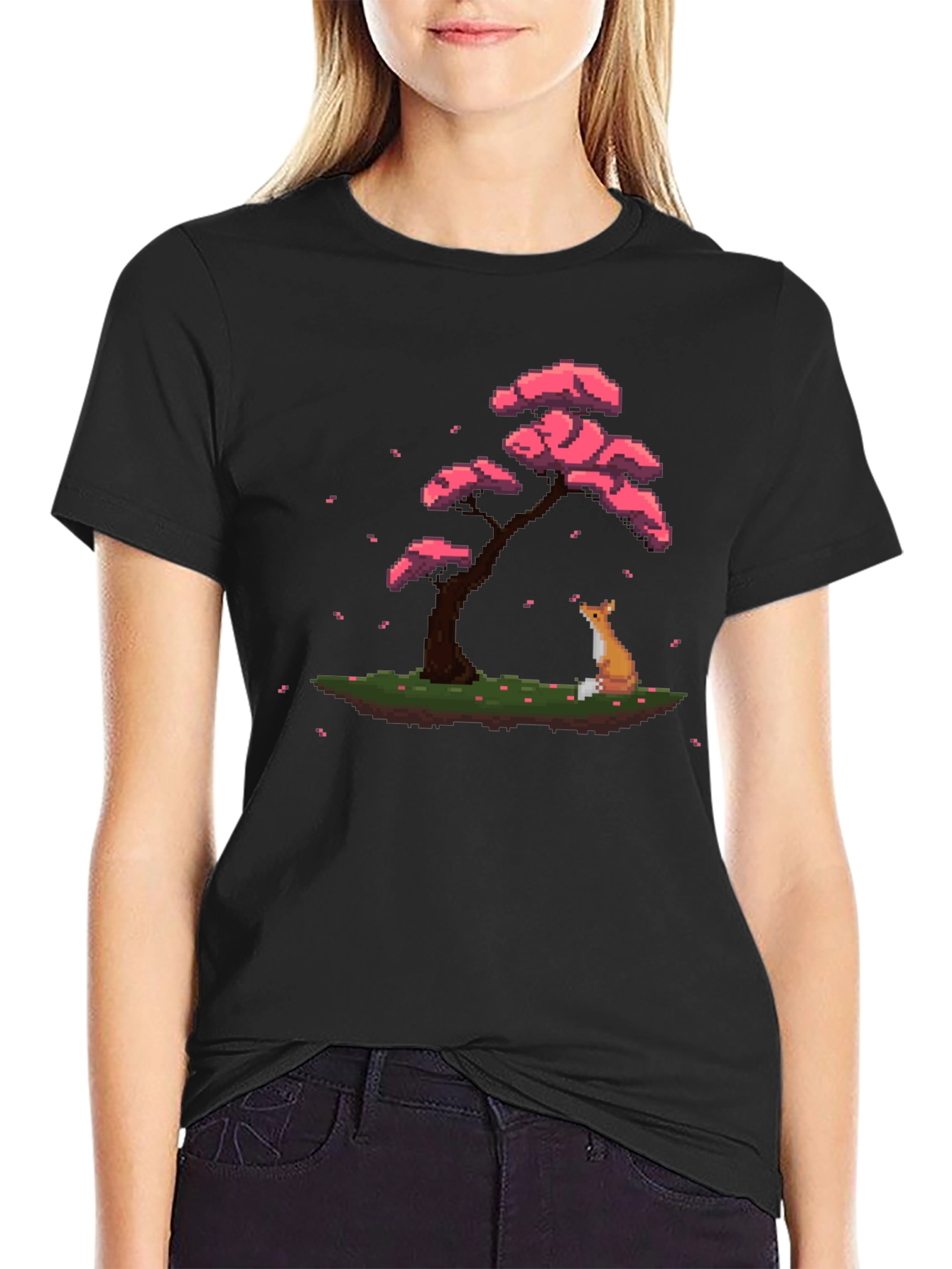 Pixel Art Fox & Sakura Tree Black T-Shirt