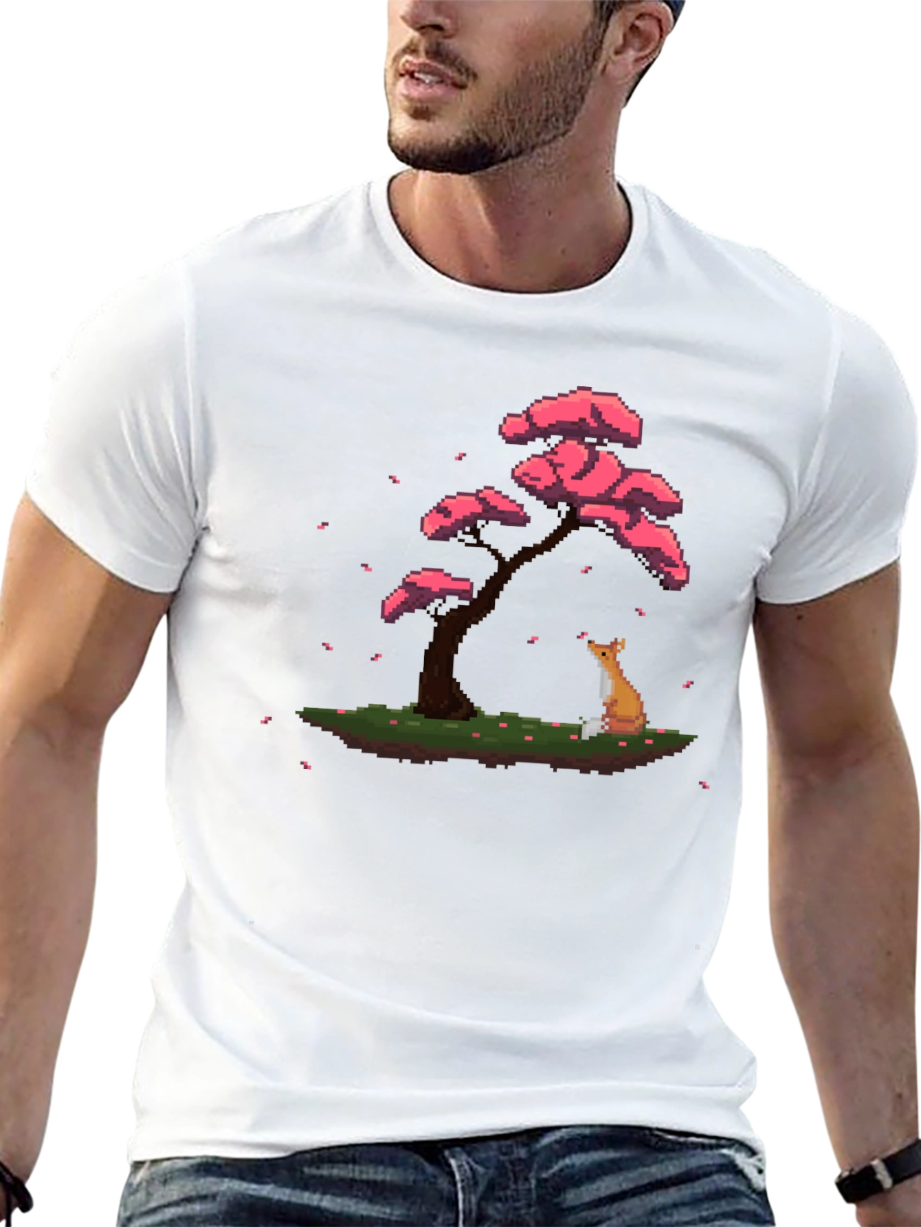 Pixel Art Fox & Sakura Tree Black T-Shirt