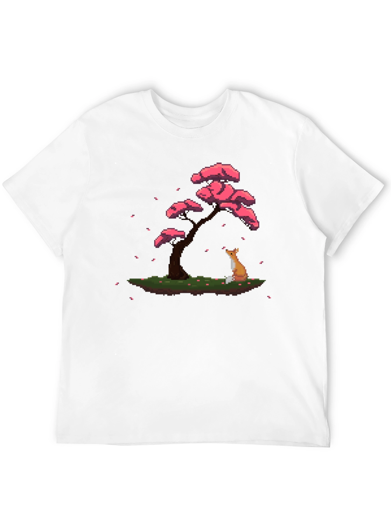 Pixel Art Fox & Sakura Tree Black T-Shirt