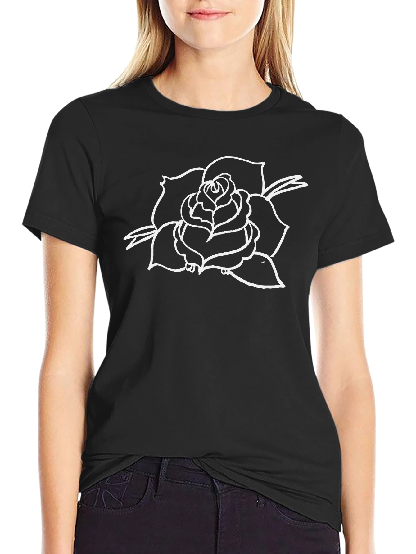 Black T-Shirt with Rose Graphic
