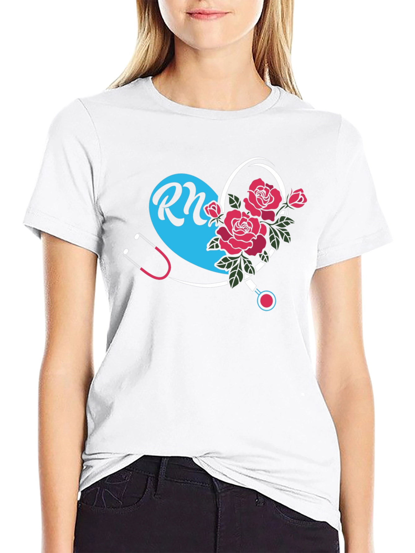 RN Nurse Heart Rose Graphic Tee - Black
