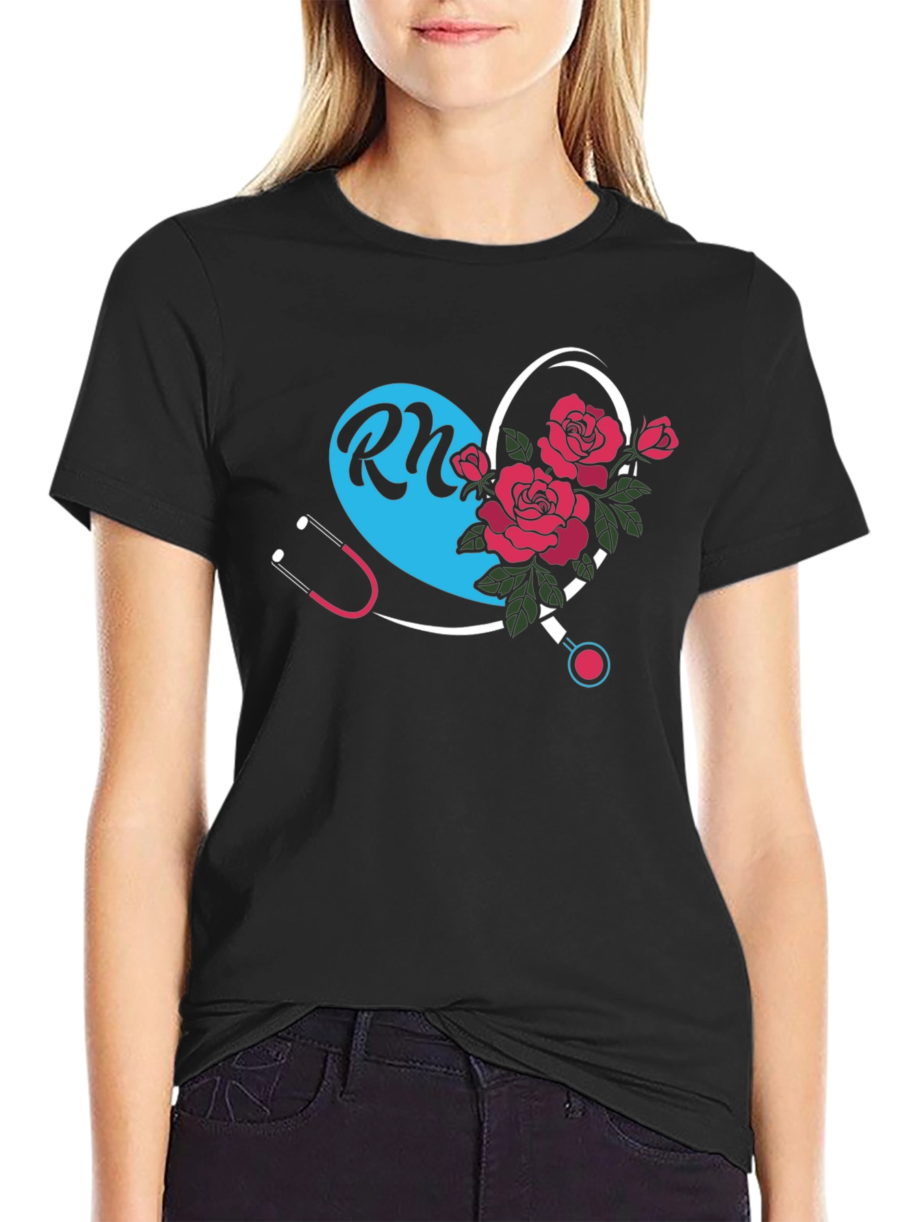 RN Nurse Heart Rose Graphic Tee - Black