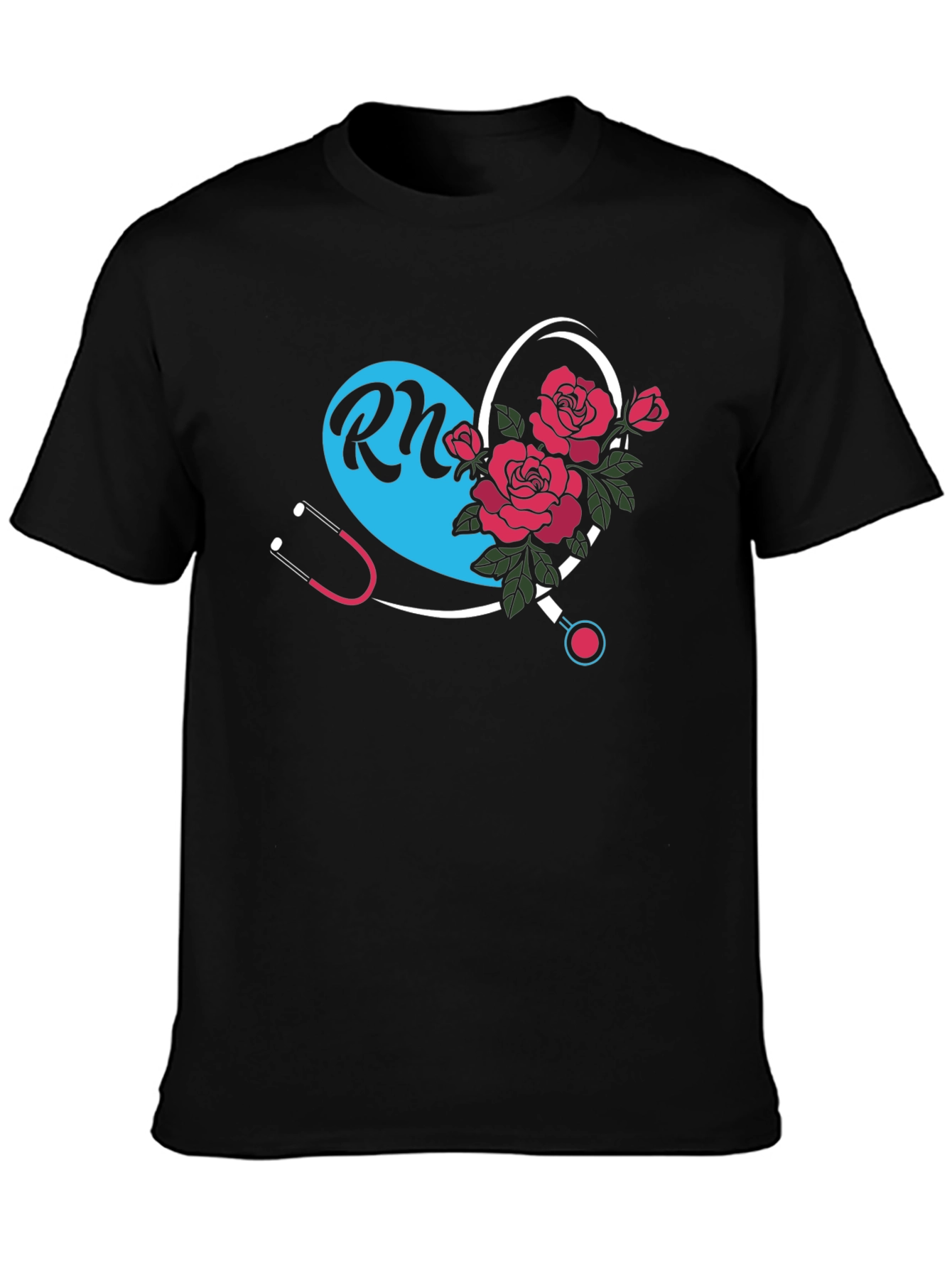 RN Nurse Heart Rose Graphic Tee - Black
