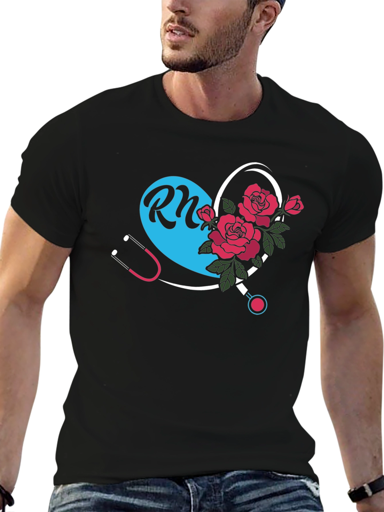 RN Nurse Heart Rose Graphic Tee - Black