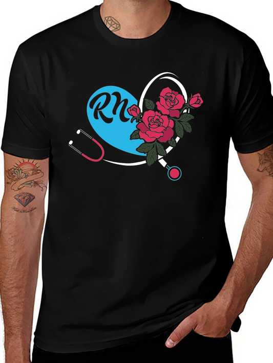 RN Nurse Heart Rose Graphic Tee - Black