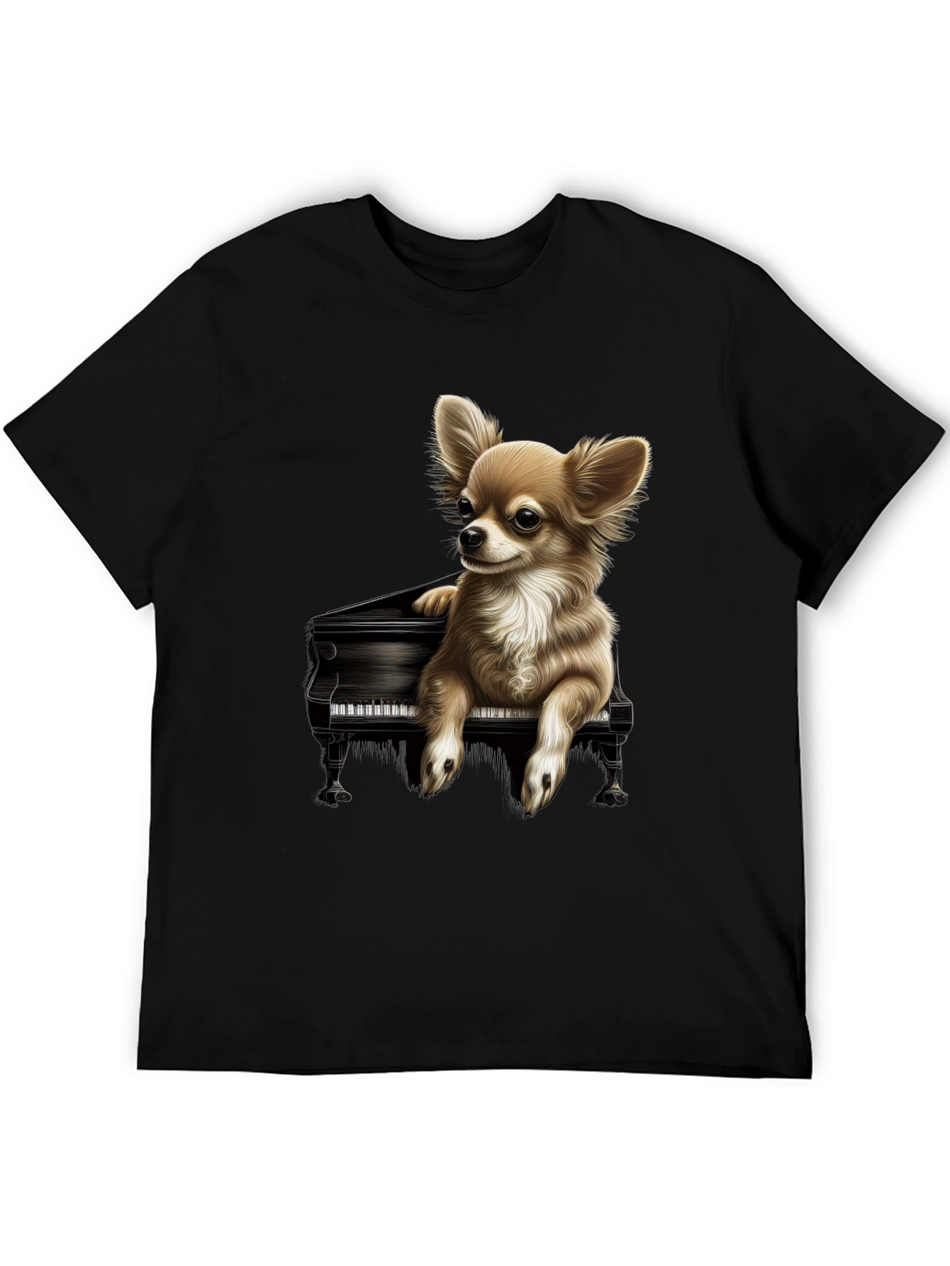 Dog Playing Piano Graphic Tee - Black Cotton T-Shirt