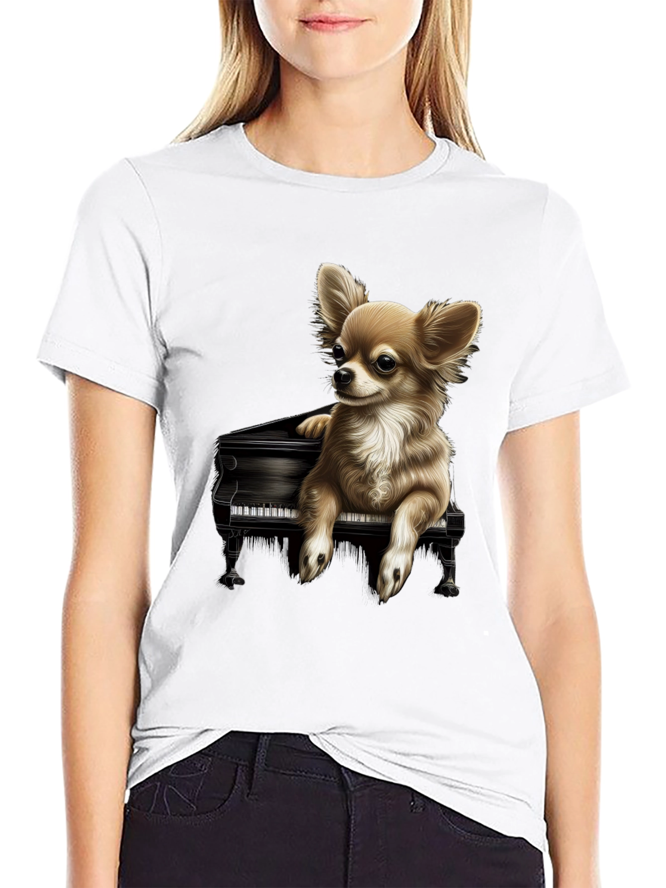 Dog Playing Piano Graphic Tee - Black Cotton T-Shirt