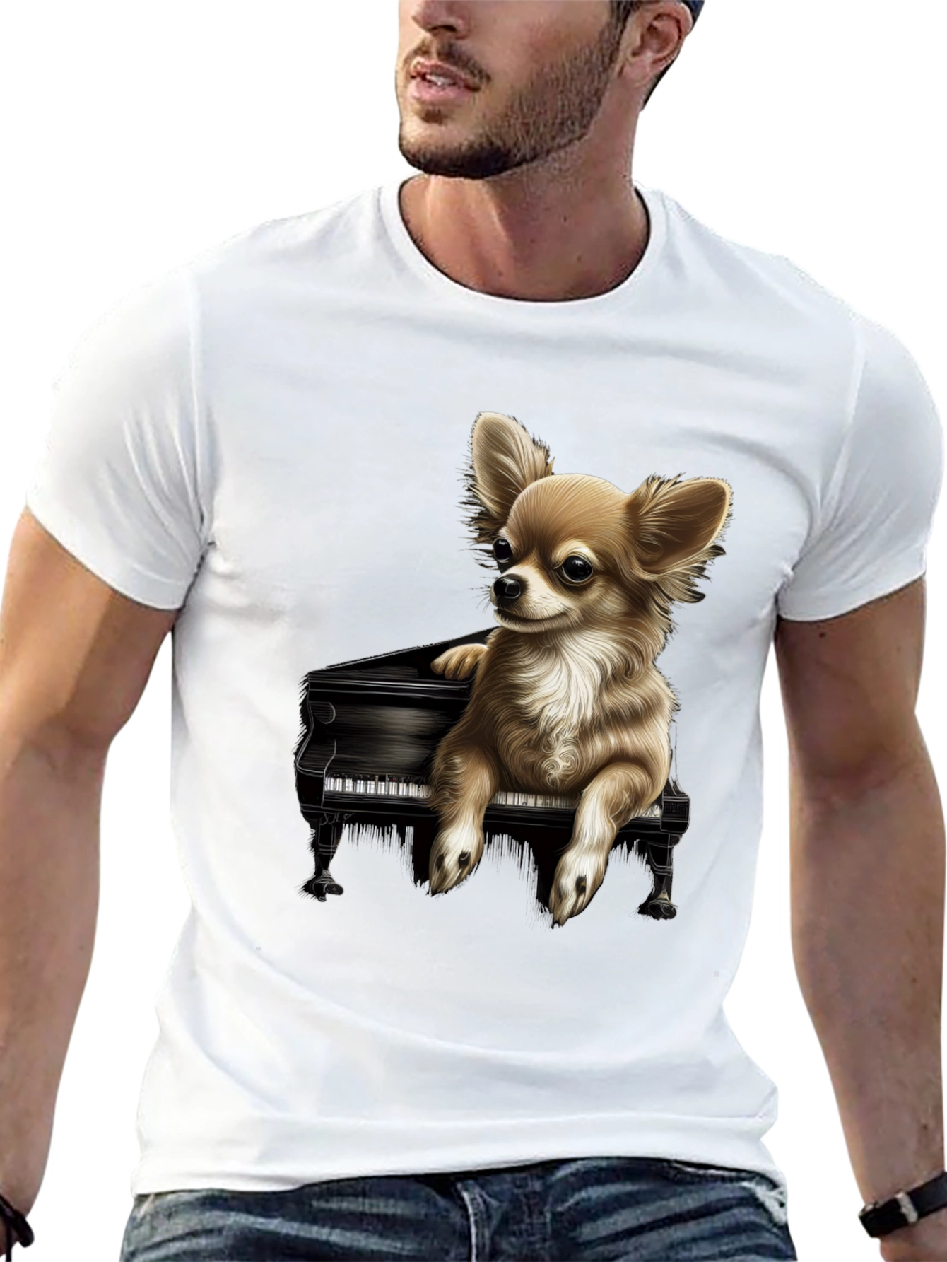 Dog Playing Piano Graphic Tee - Black Cotton T-Shirt