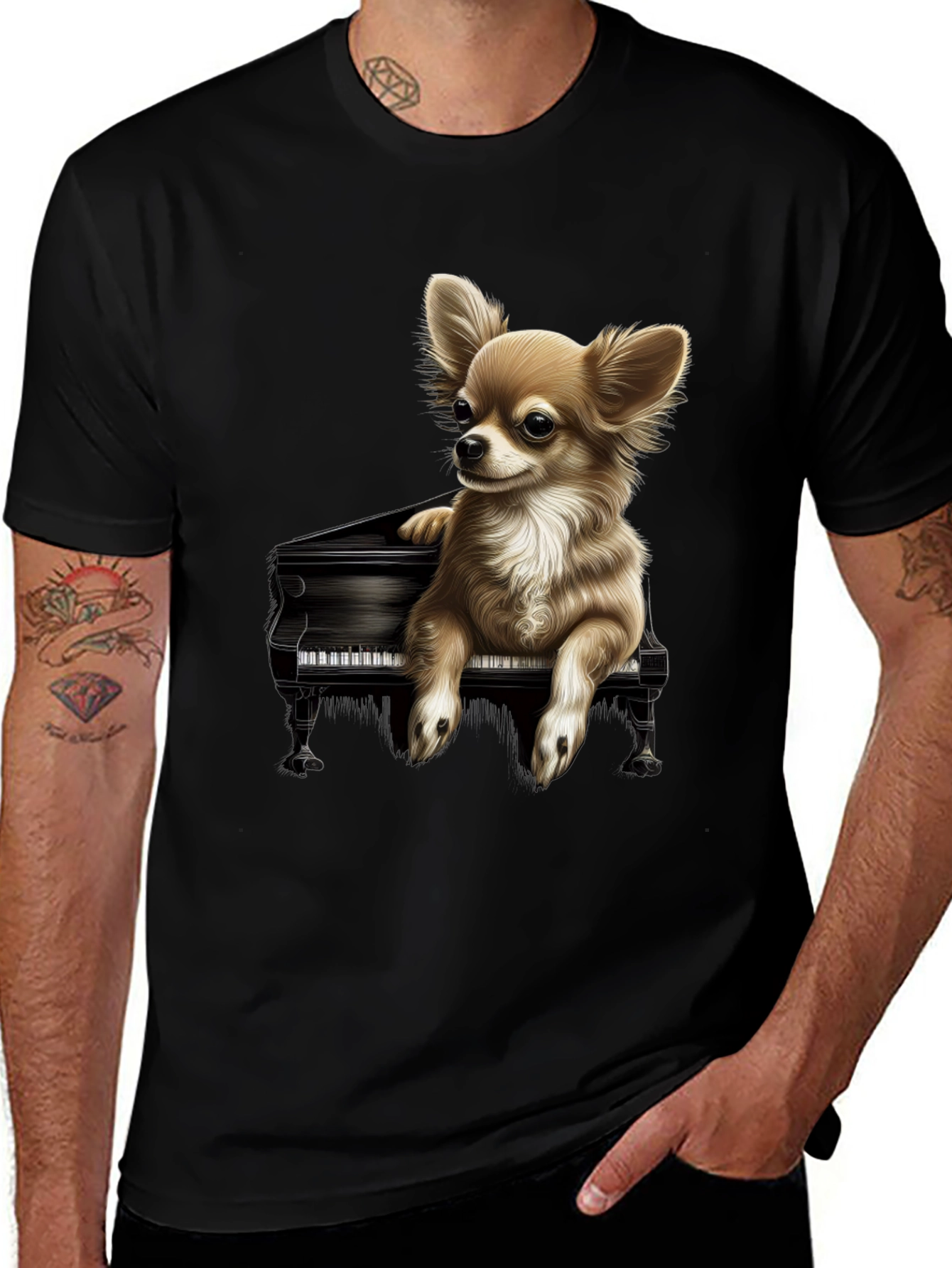 Dog Playing Piano Graphic Tee - Black Cotton T-Shirt