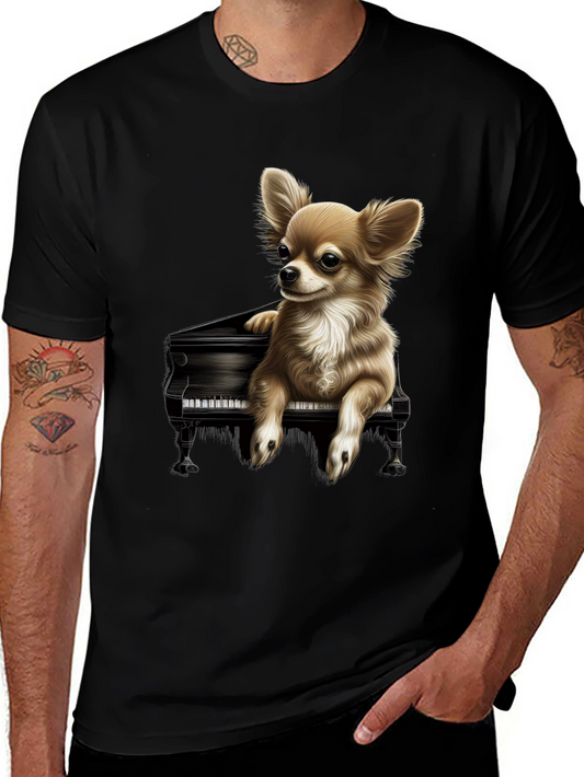 Dog Playing Piano Graphic Tee - Black Cotton T-Shirt