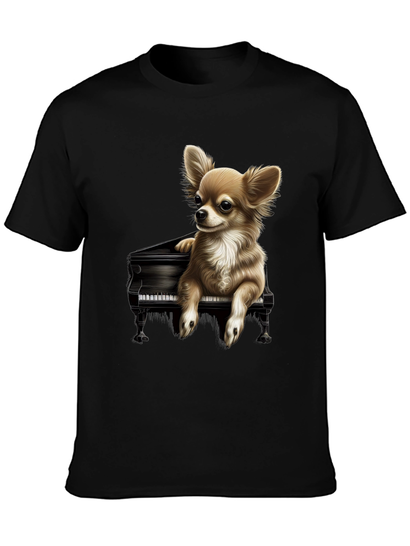 Dog Playing Piano Graphic Tee - Black Cotton T-Shirt