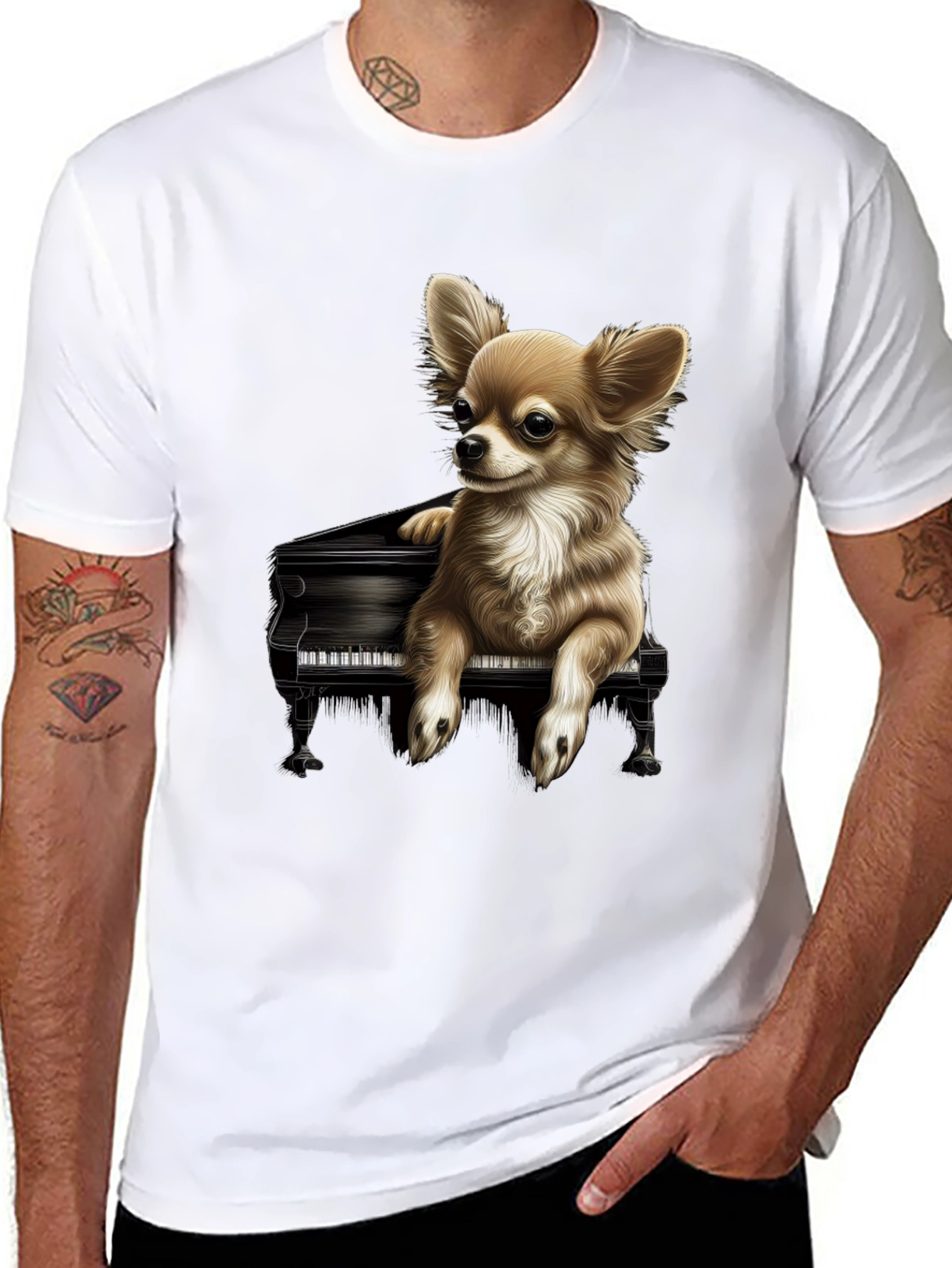 Dog Playing Piano Graphic Tee - Black Cotton T-Shirt