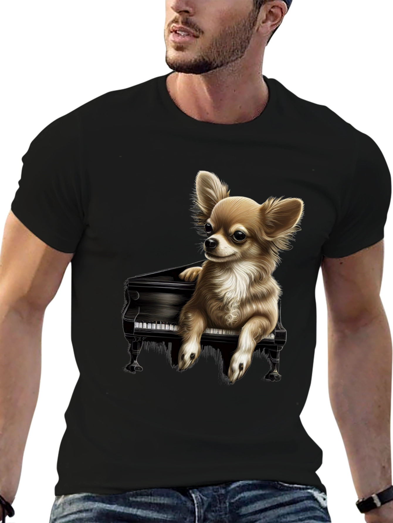 Dog Playing Piano Graphic Tee - Black Cotton T-Shirt