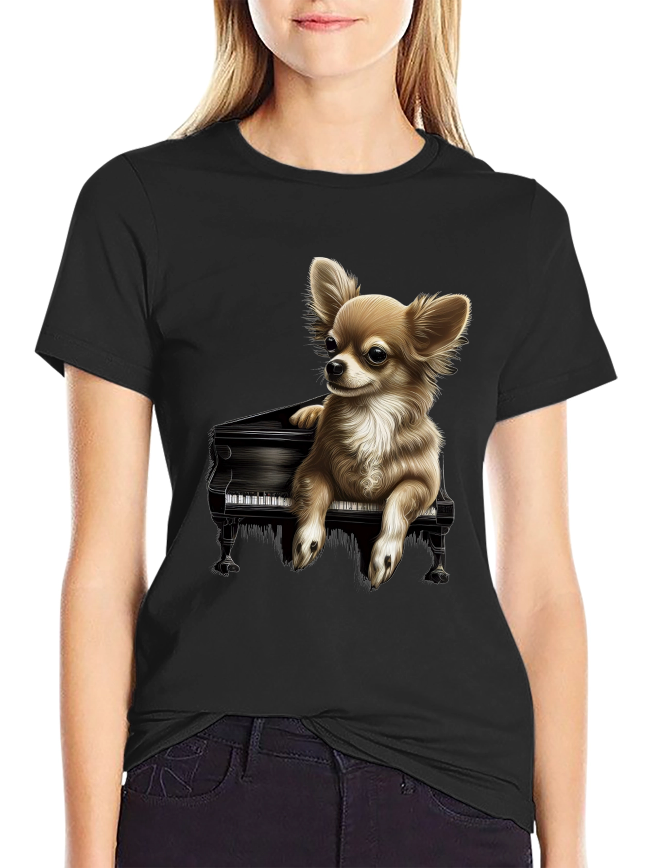 Dog Playing Piano Graphic Tee - Black Cotton T-Shirt