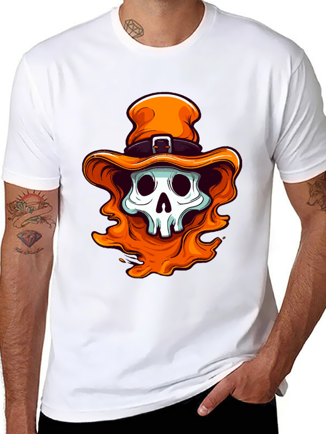 Skull with Orange Hat Graphic Tee