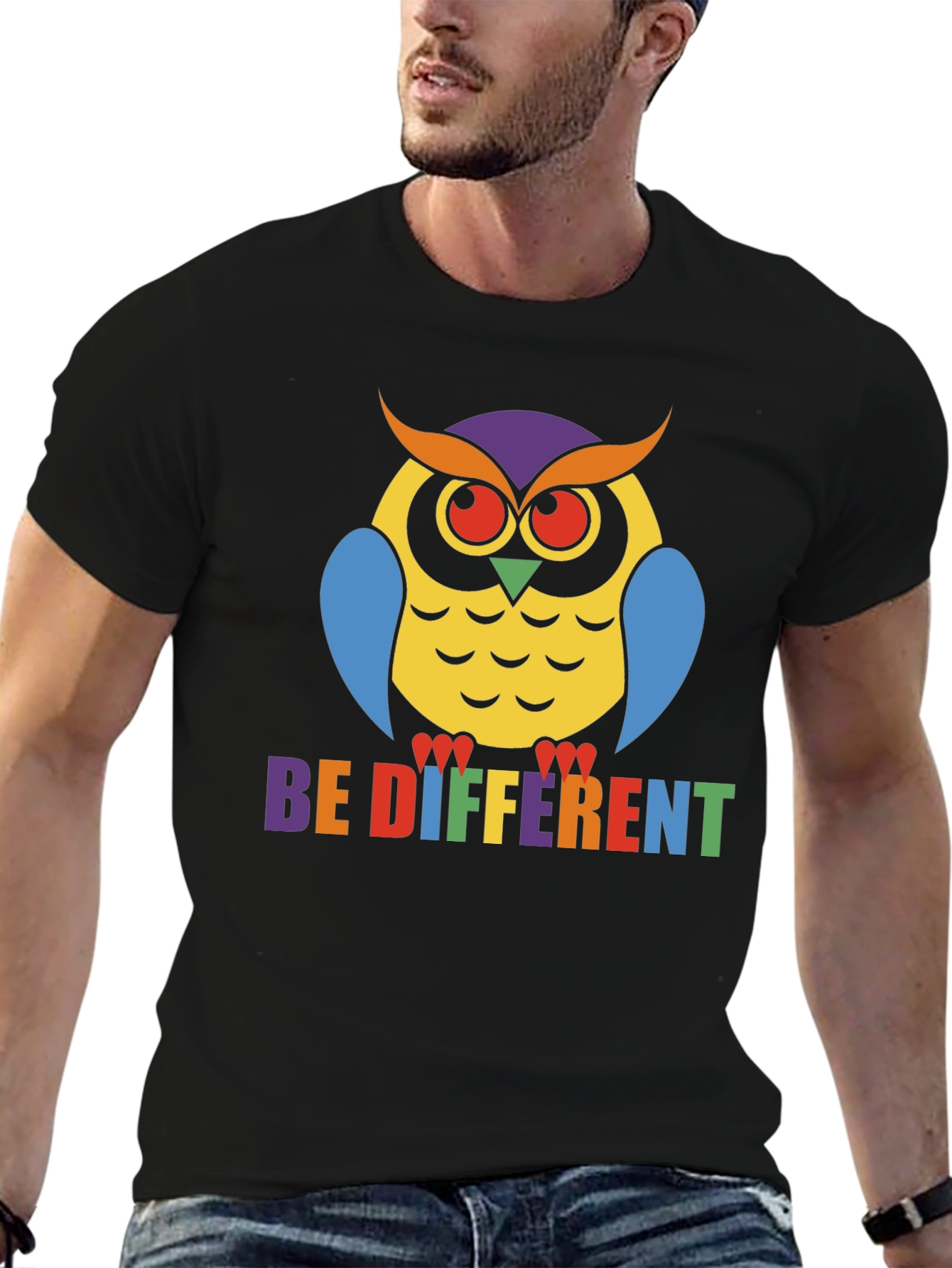 Be Different Owl T-Shirt Pride Tee Black Cotton