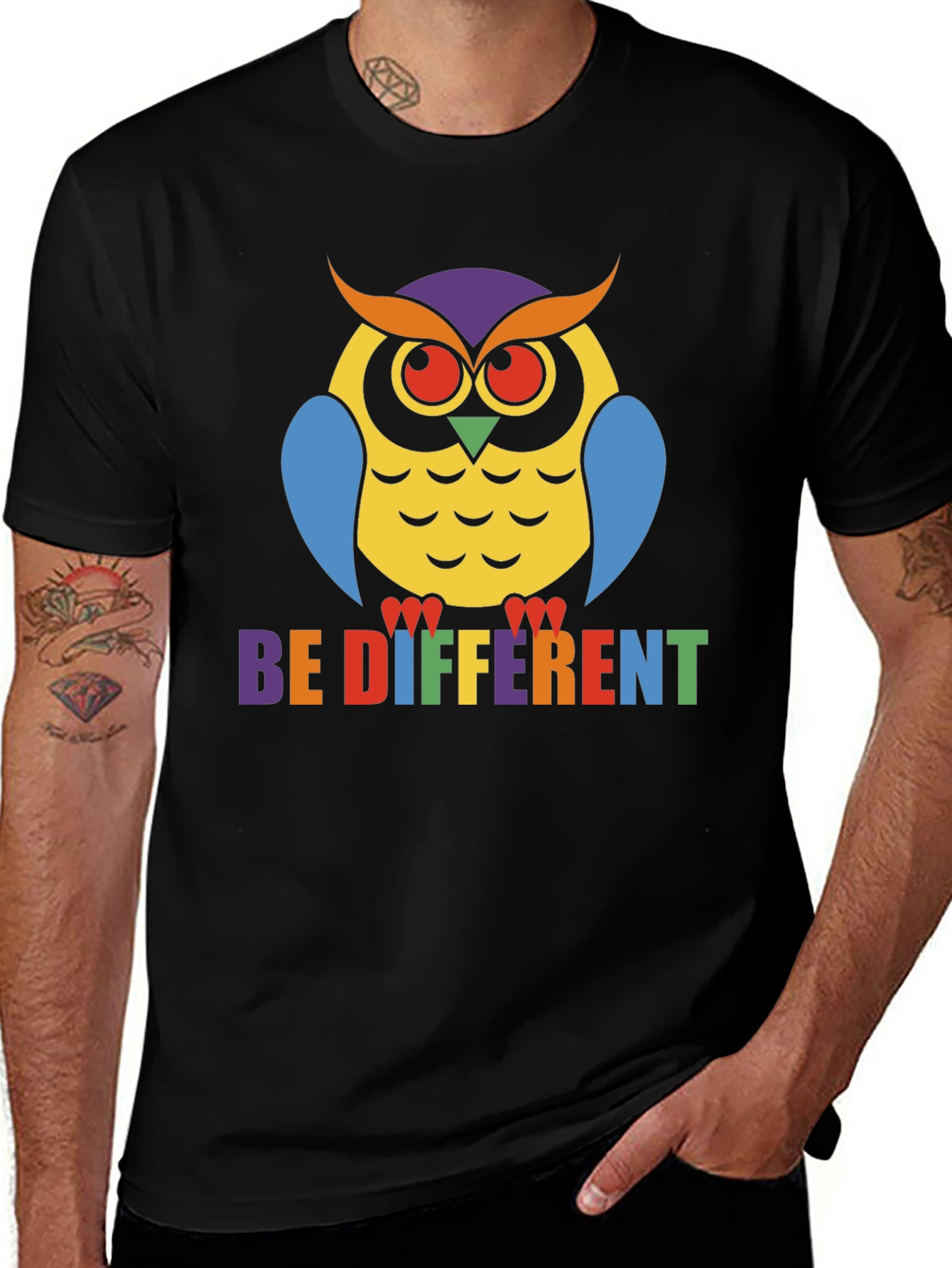 Be Different Owl T-Shirt Pride Tee Black Cotton