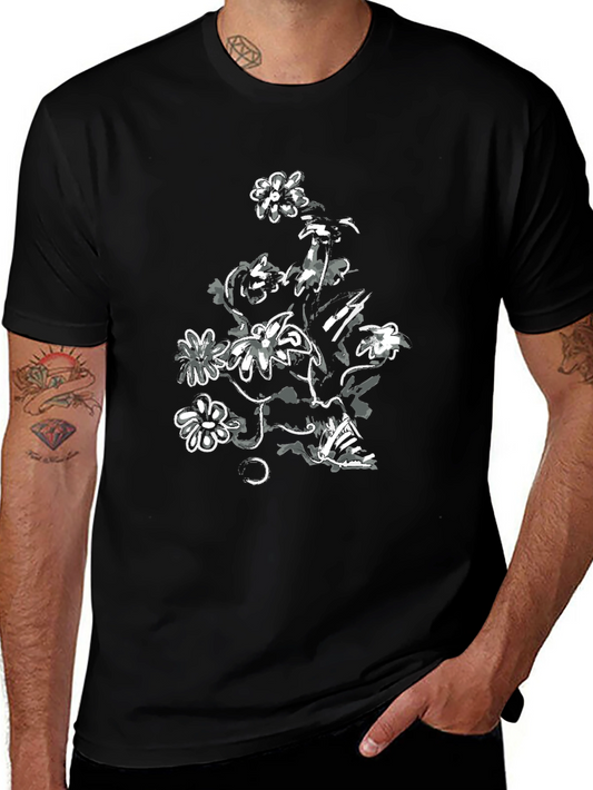 Abstract Floral Graphic Tee - Casual Black T-Shirt