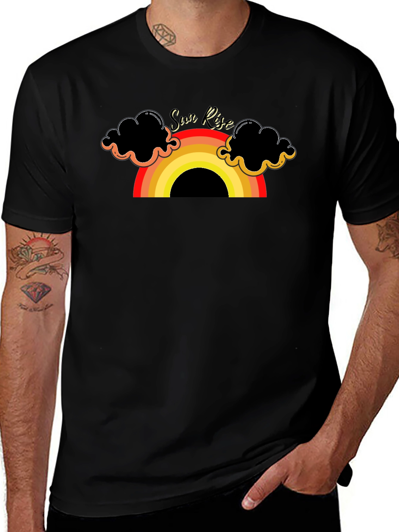 Sunrise Rainbow Graphic Tee - Black Cotton T-Shirt