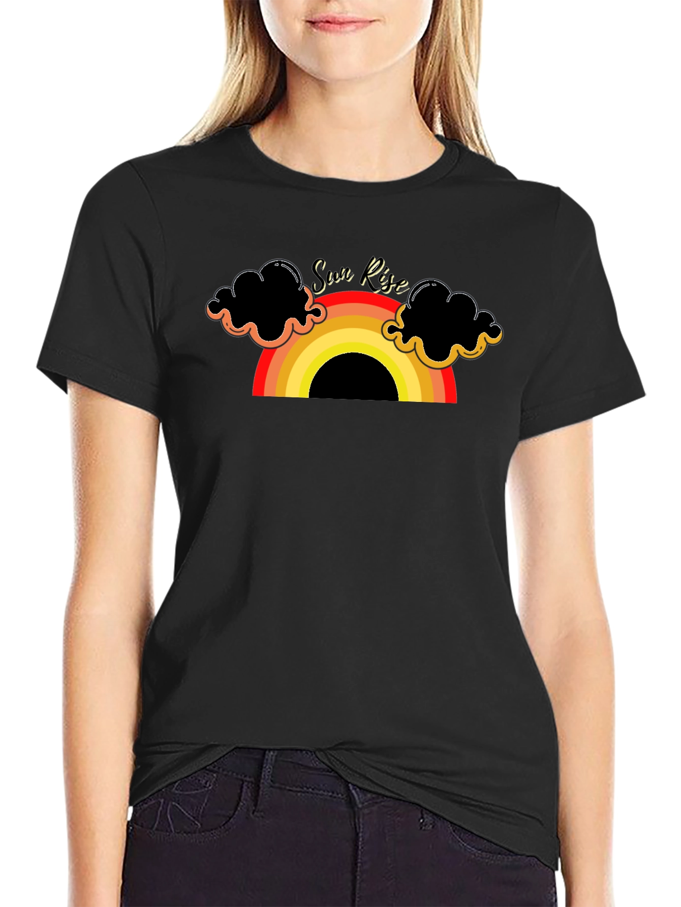 Sunrise Rainbow Graphic Tee - Black Cotton T-Shirt