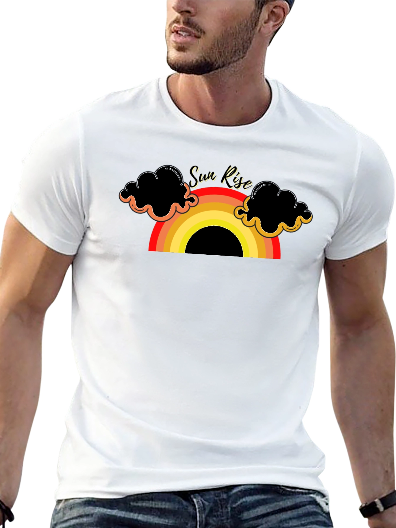 Sunrise Rainbow Graphic Tee - Black Cotton T-Shirt